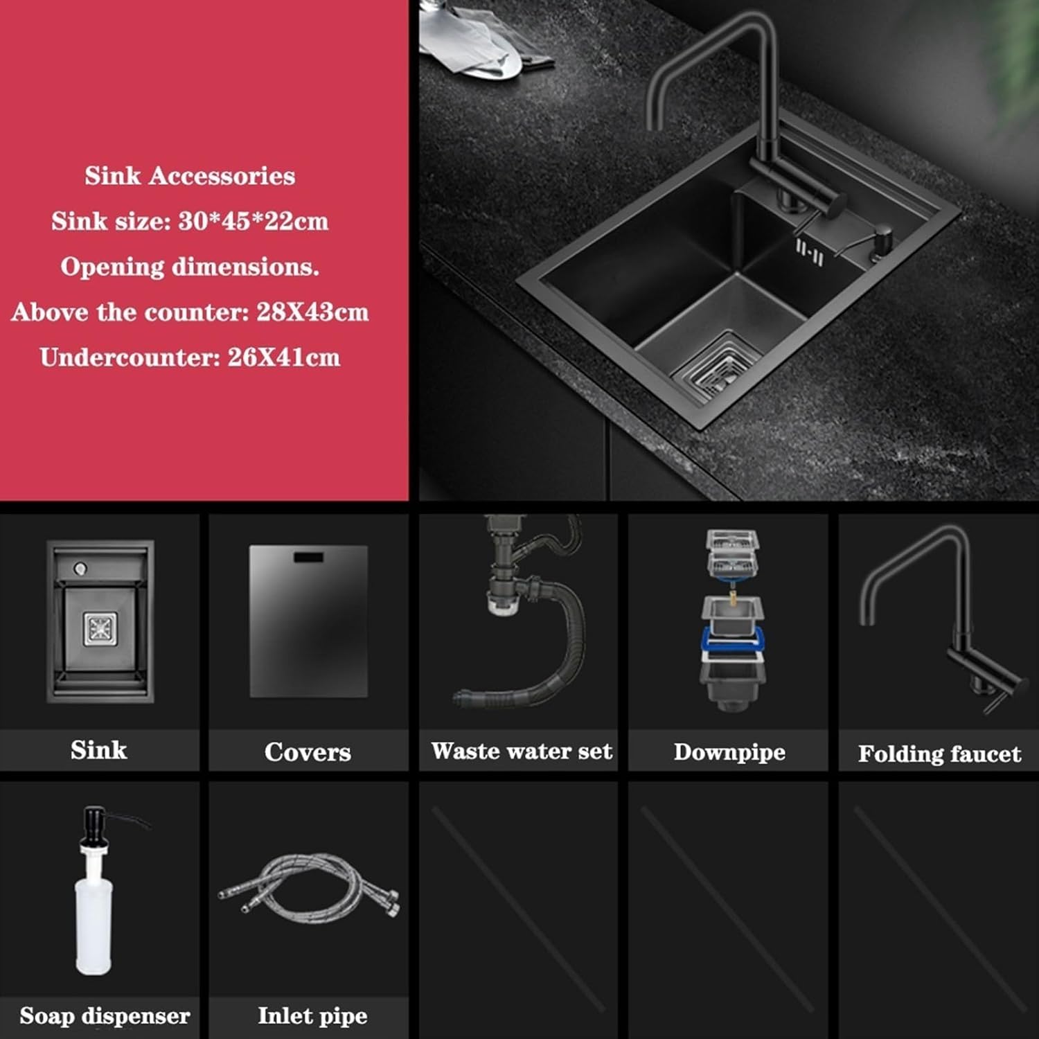 送料込+シングルボウル ブラック 隠しシンク キッチン バー 家庭用 業務用 カップウォッシャー付き 昇降式蛇口 省スペース カバー付き シ