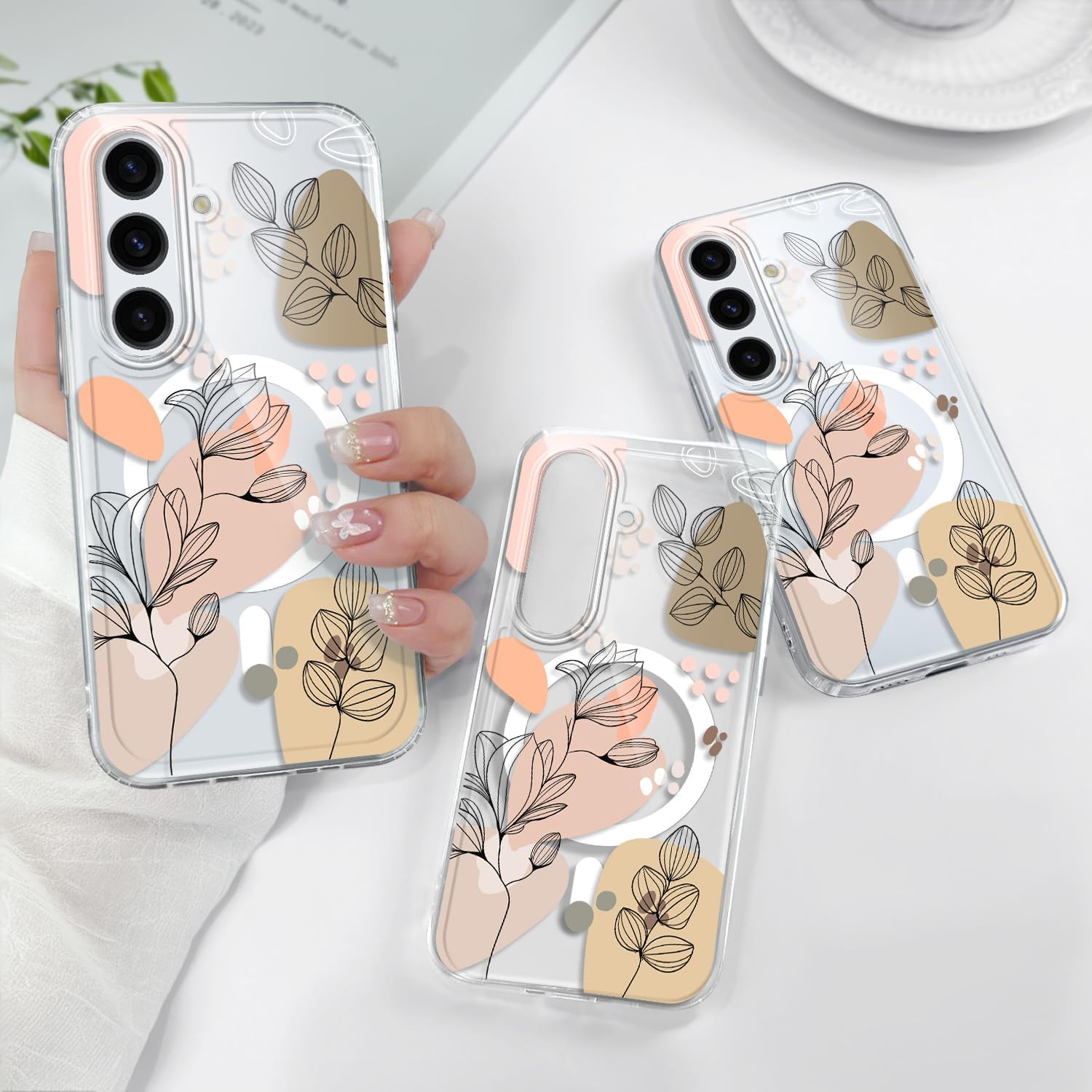 for Samsung Galaxy S25 Magnetic Case, Compatible with MagSafe Clear Anti Shock Fashion Design for Samsung S25 Phone Cover 6.2 inch， Line Flowers