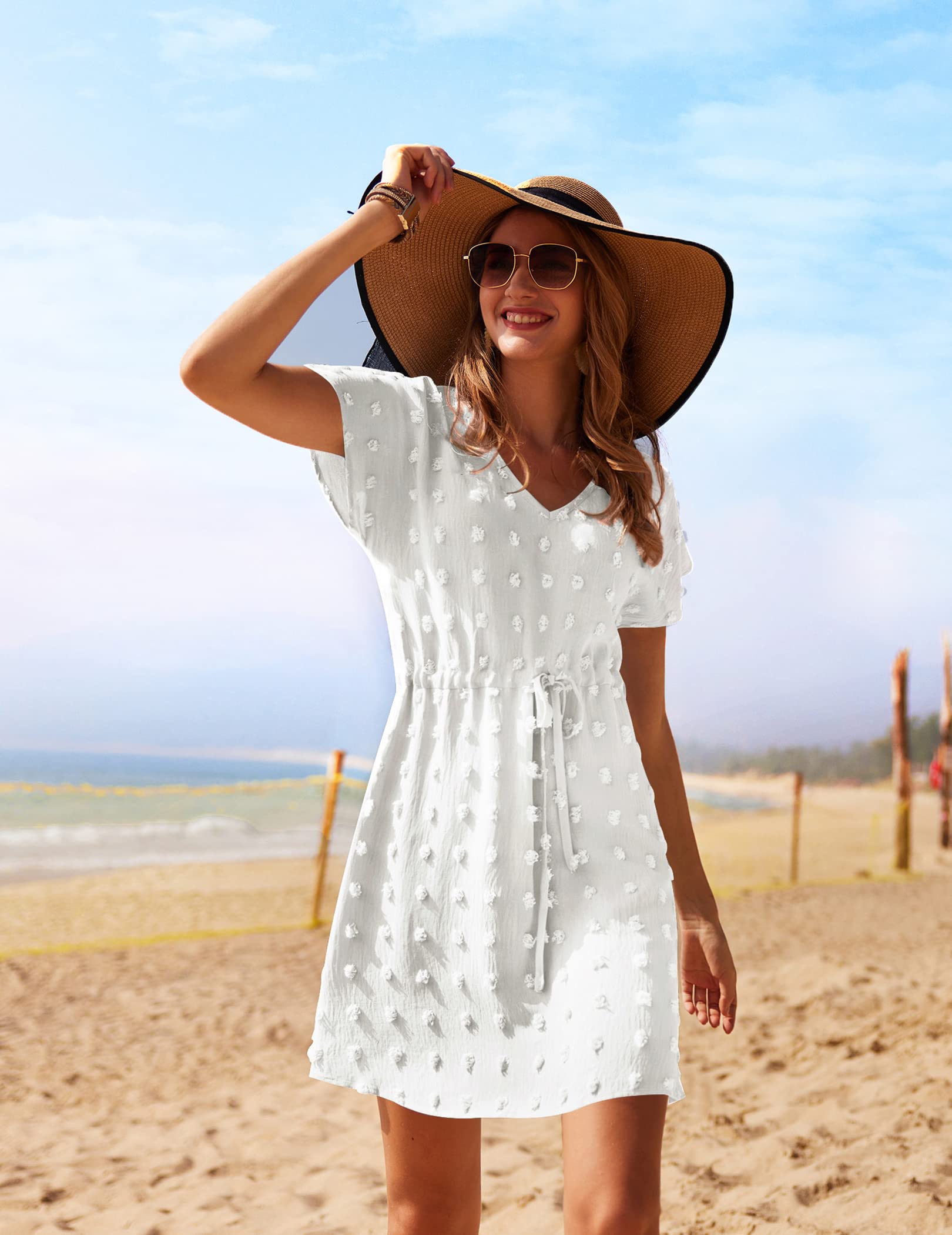 Ekouaer Damen Strandkleid Kurz Strandtunika Sommer Bikini Cover Up Kurzarm V-Ausschnitt Strandponcho S-XXL