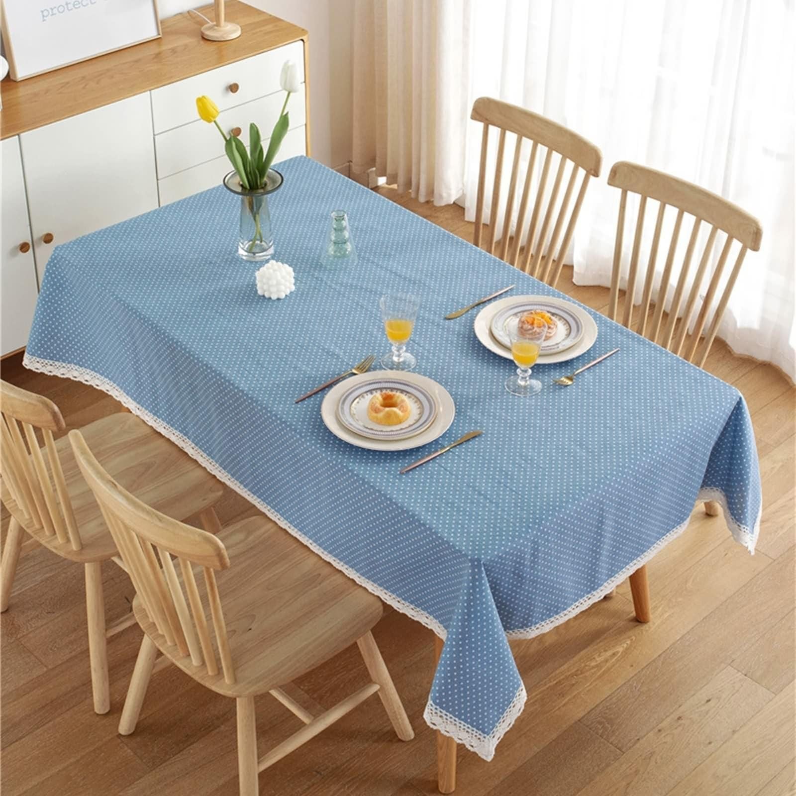 Tovaglia rettangolare 140 x 220 cm in poliestere lavabile per 68 persone blu tinta unita con bordo ricamato decorazione da tavolo stile country accessorio ideale per la casa