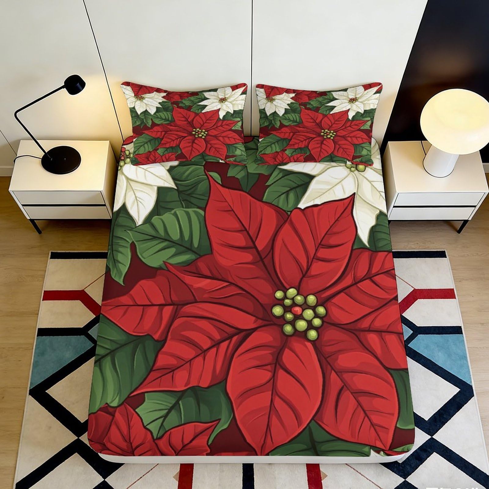 Pnayamiorkfel Style-3 3D Printed Red Poinsettia Fitted Sheet Microfiber Floral Bed Cover Anti-Slip For Bedroom Guest Room Decor 90X200x25cm