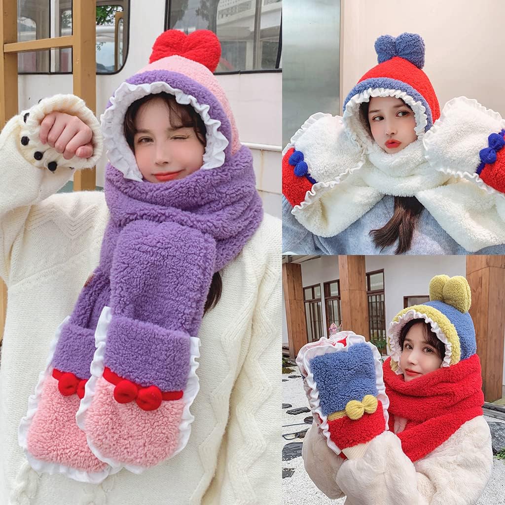 Scarf,Scarf Plush Scarf Hooded Hat Bows Winter Hat Scarf Gloves Set Fleece Warm Windproof Cap for Head Warmer Fleece Scarf(Pink)