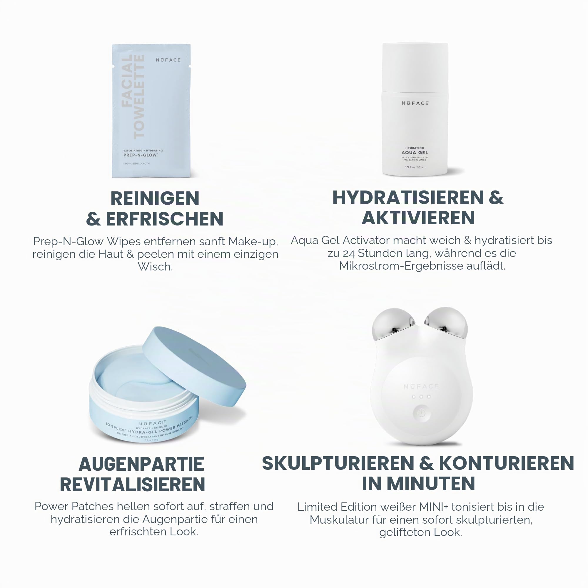 NuFACE MINI+ Microcurrent Facial Device Ultimate Uplift Holiday Kit - Brilliant White Face Sculpting & Contouring Device with Aqua Gel, Power Patches, Prep-N-Glow Skin Care Wipes & Luxe Gift Box