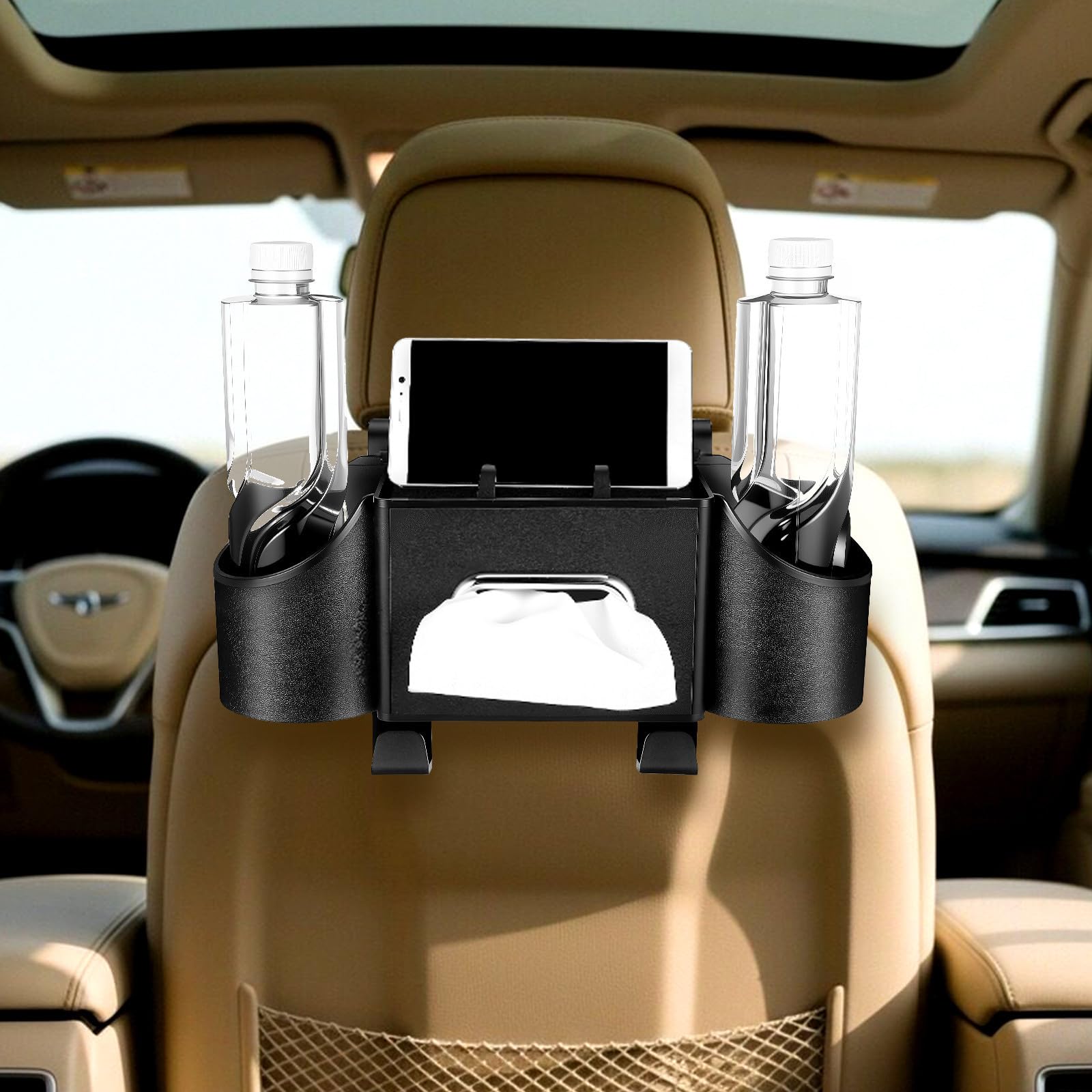 Hemobllo Kopfstützen Aufbewahrungsbox und Haken Organizer mit Getränkehalter Multifunktionale Integrierte Taschentuchbox Schwarz für Rücksitzlehne Auto Innenraum Zubehör für Reise