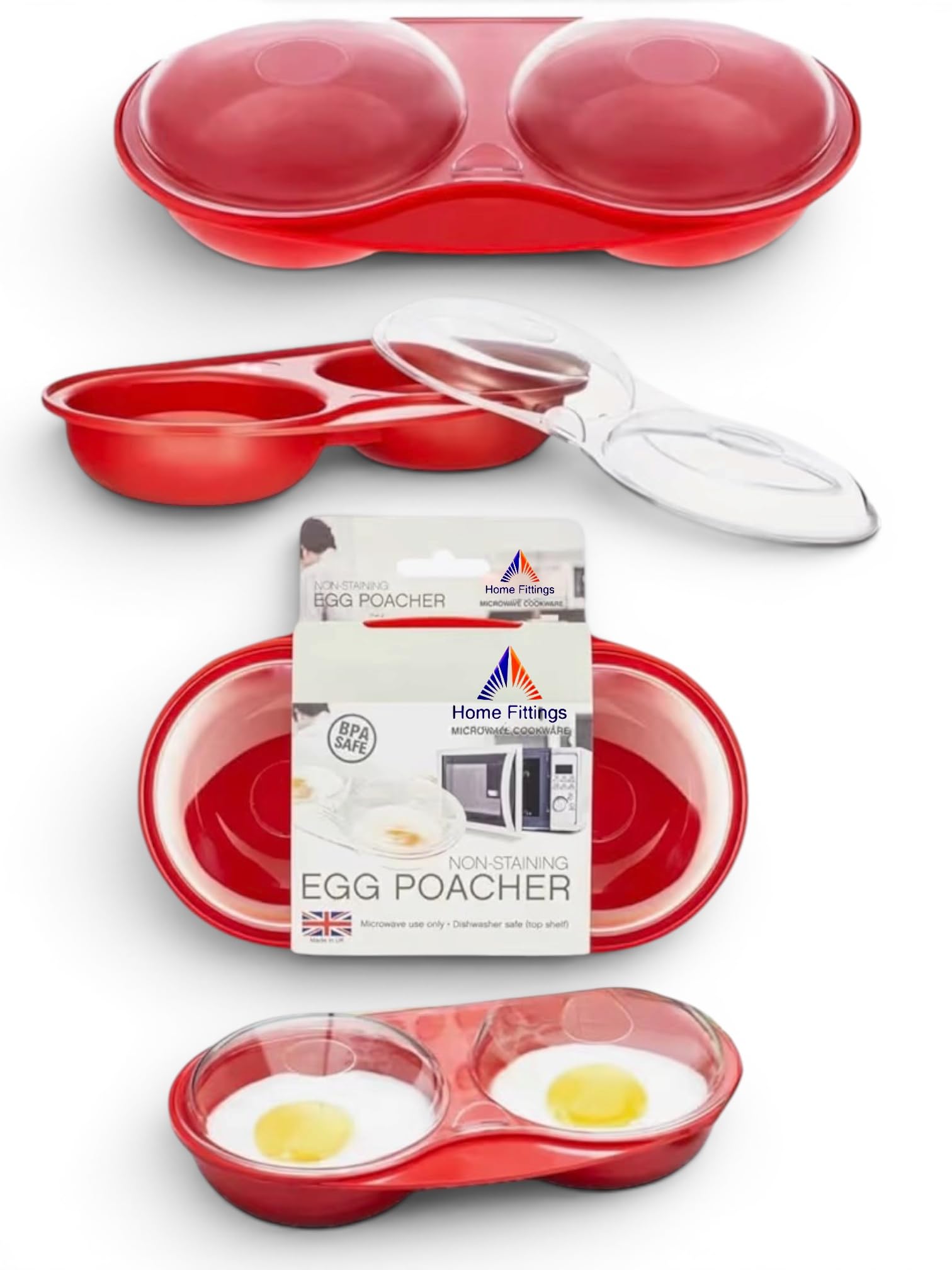 Home Fittings ® Reusable Cook Microsafe Easy Microwave 3 in 1 Egg Poacher Cooker Omelettes, Dishwasher Safe and BPA Free RED with Clear Lid