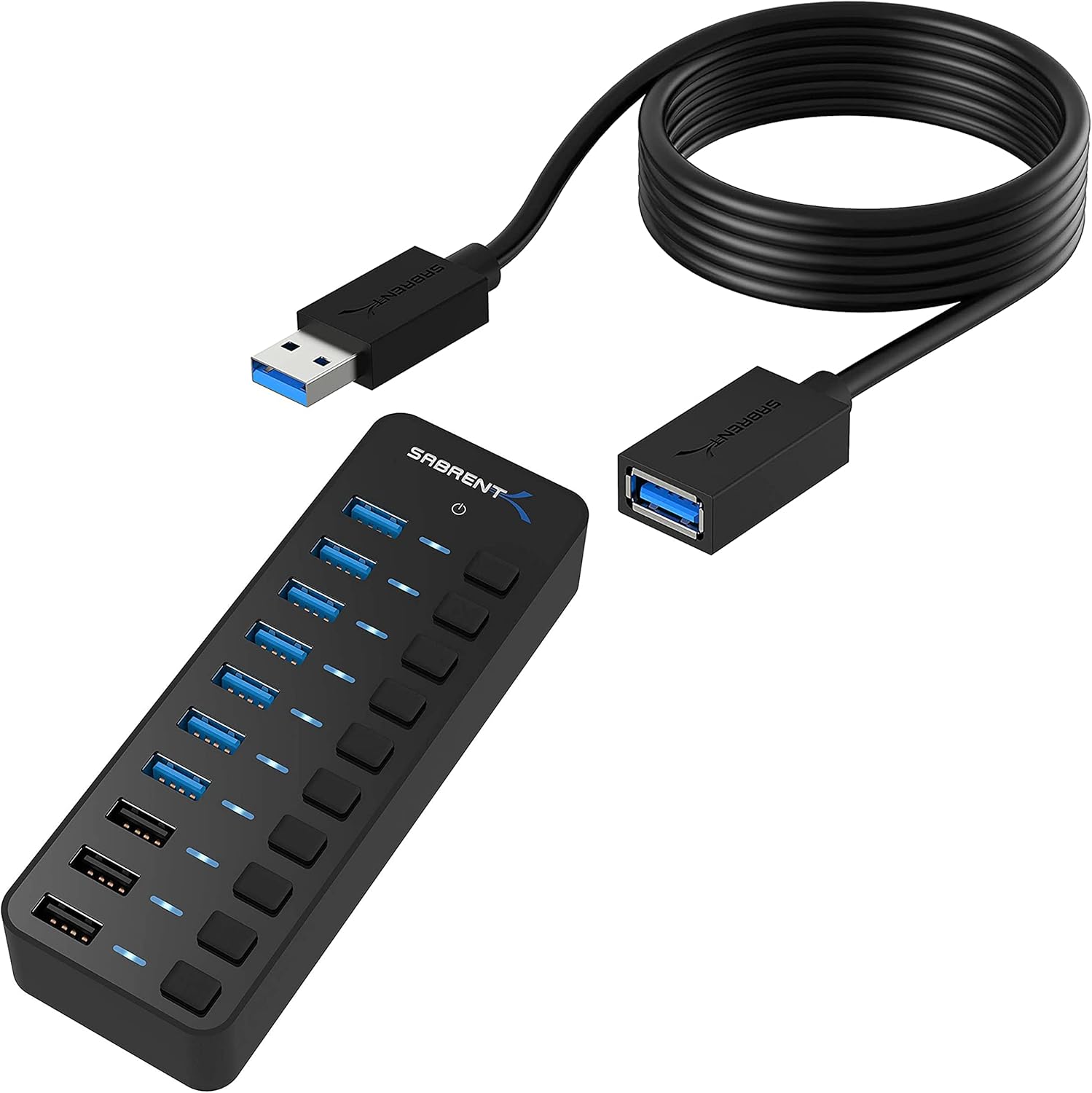 60W 10 Port USB 3.0 Hub Includes 3 Smart Charging Ports with Individual Power Switches and LEDs and 60W 12V/5A Power Adapter+USB 3.0 Extension Cable A Male to A Female [Black] 3 Feet