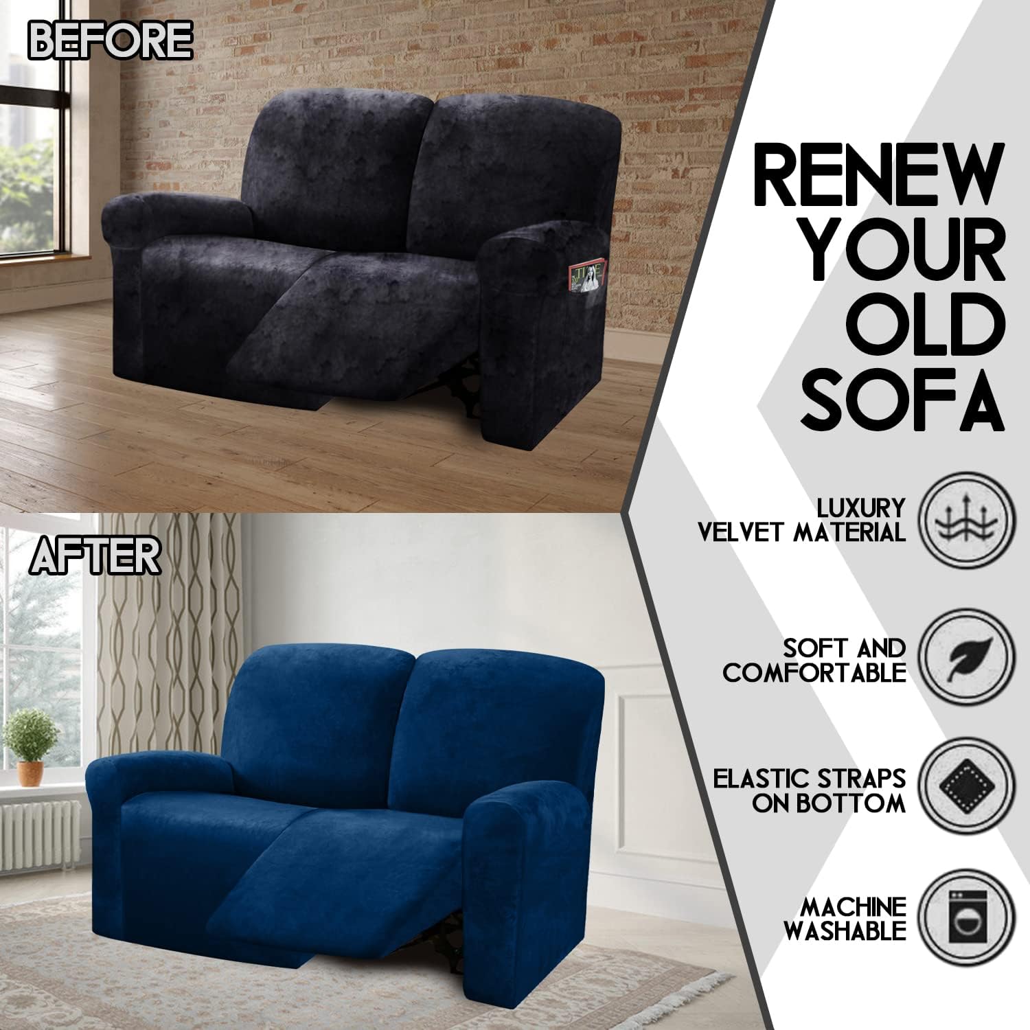 ULTICOR Reclining Love Seat Slipcover, 48" - 65" L, 6-Piece Velvet Stretch Loveseat Recliner Cover, 2 Seat Reclining Sofa Cover, Thick, Soft, Washable, Navy