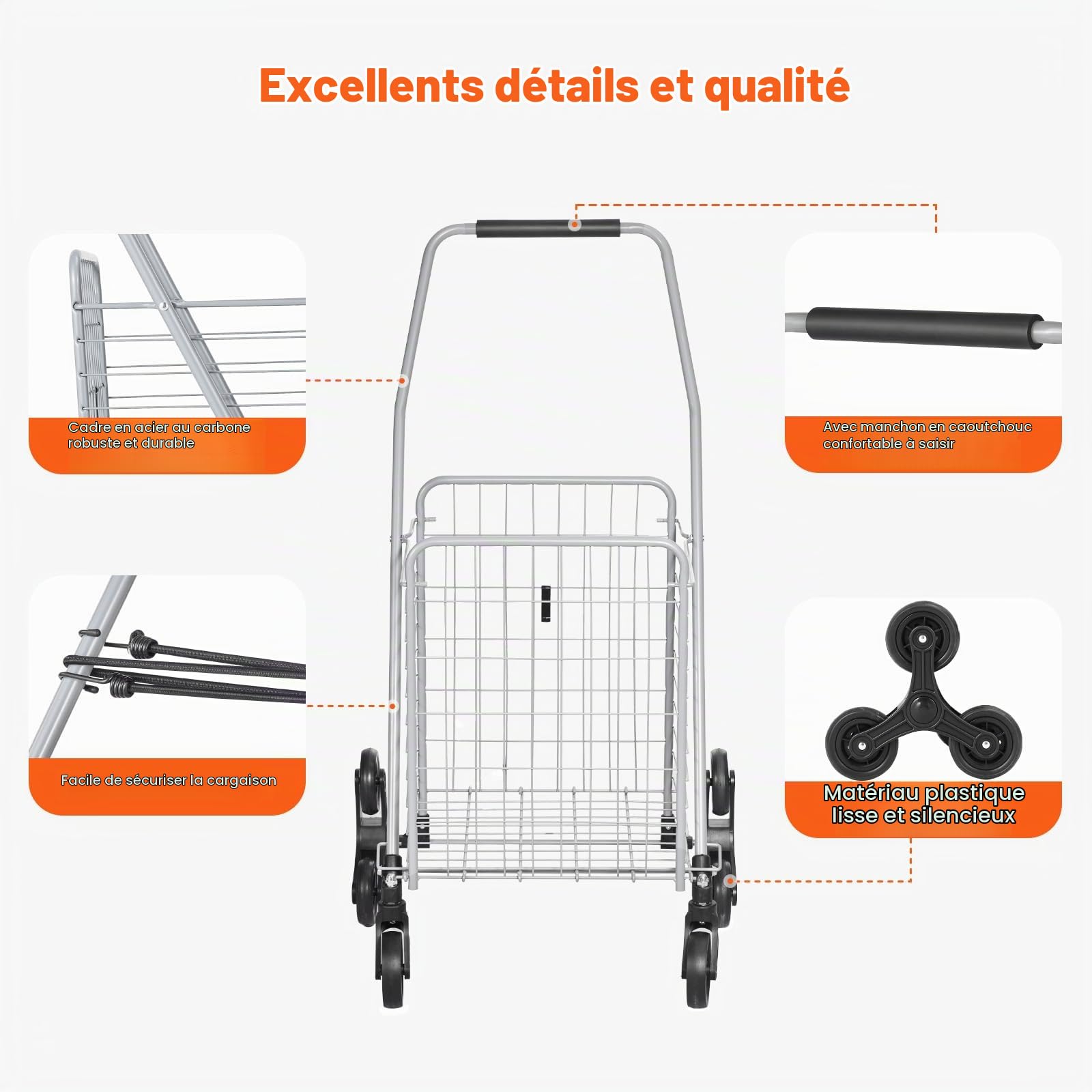 VEVOR Chariot de Courses Pliable, 45 L, Chariot Monte Escalier d'Épicerie avec Roues à Pivotantes 360°, Chariot Utilitaire Léger, pour Shopping, Bureau, Déménagement, Transport, Extérieur, Argent