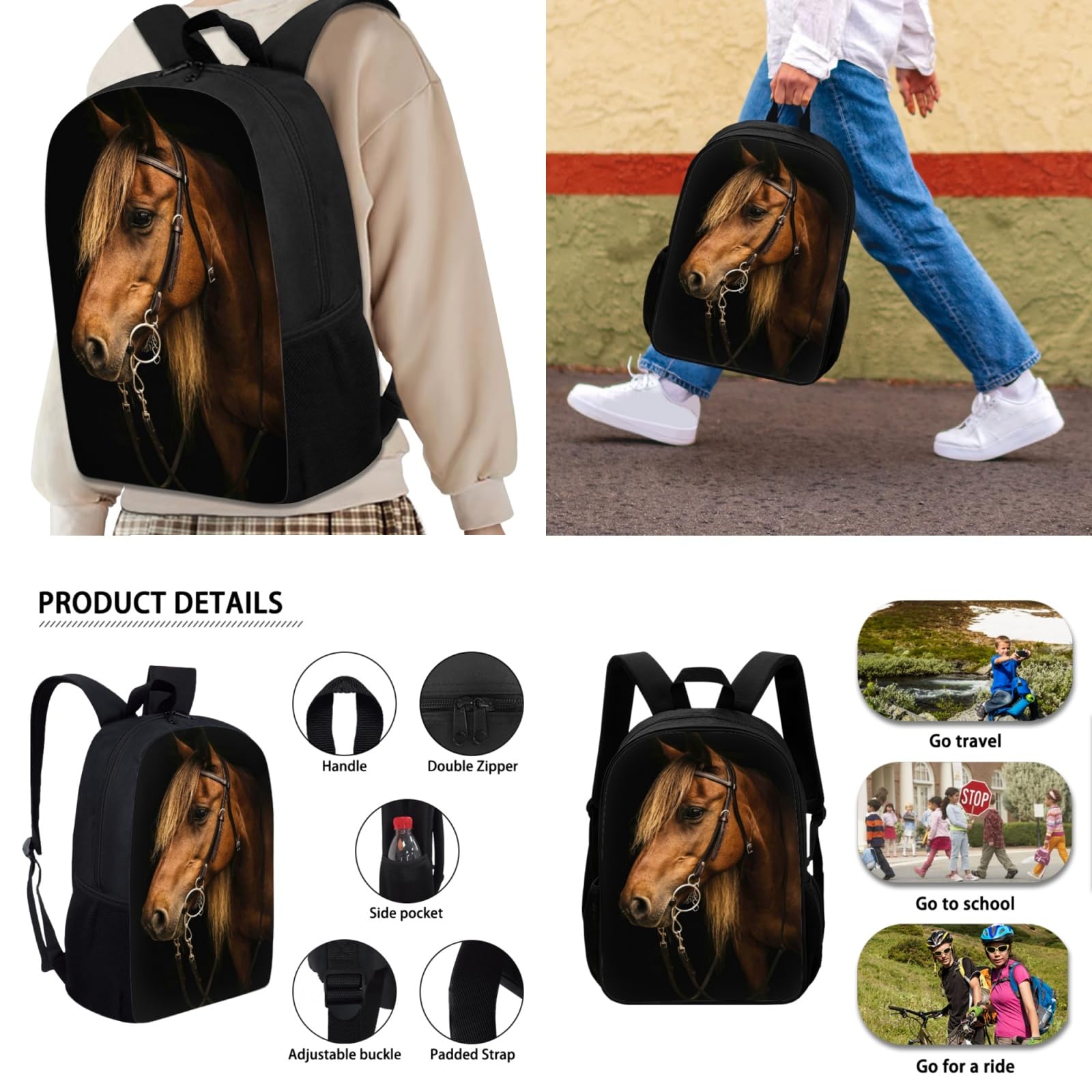 Belidome Horse Black School Backpack Set of 4 Lunch Bag Pencil Case Water Bottle Holder for Kids Girls