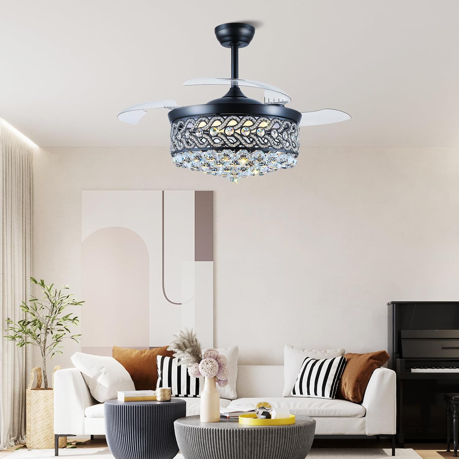 Asyko 48" Black Crystal Retractable Ceiling Fan with Light, Modern Retractable Chandelier Ceiling Fans with Remote and APP, Dimmable 3 CCT,Crystal Fandelier Ceiling Fans for Living Room, Bedroom
