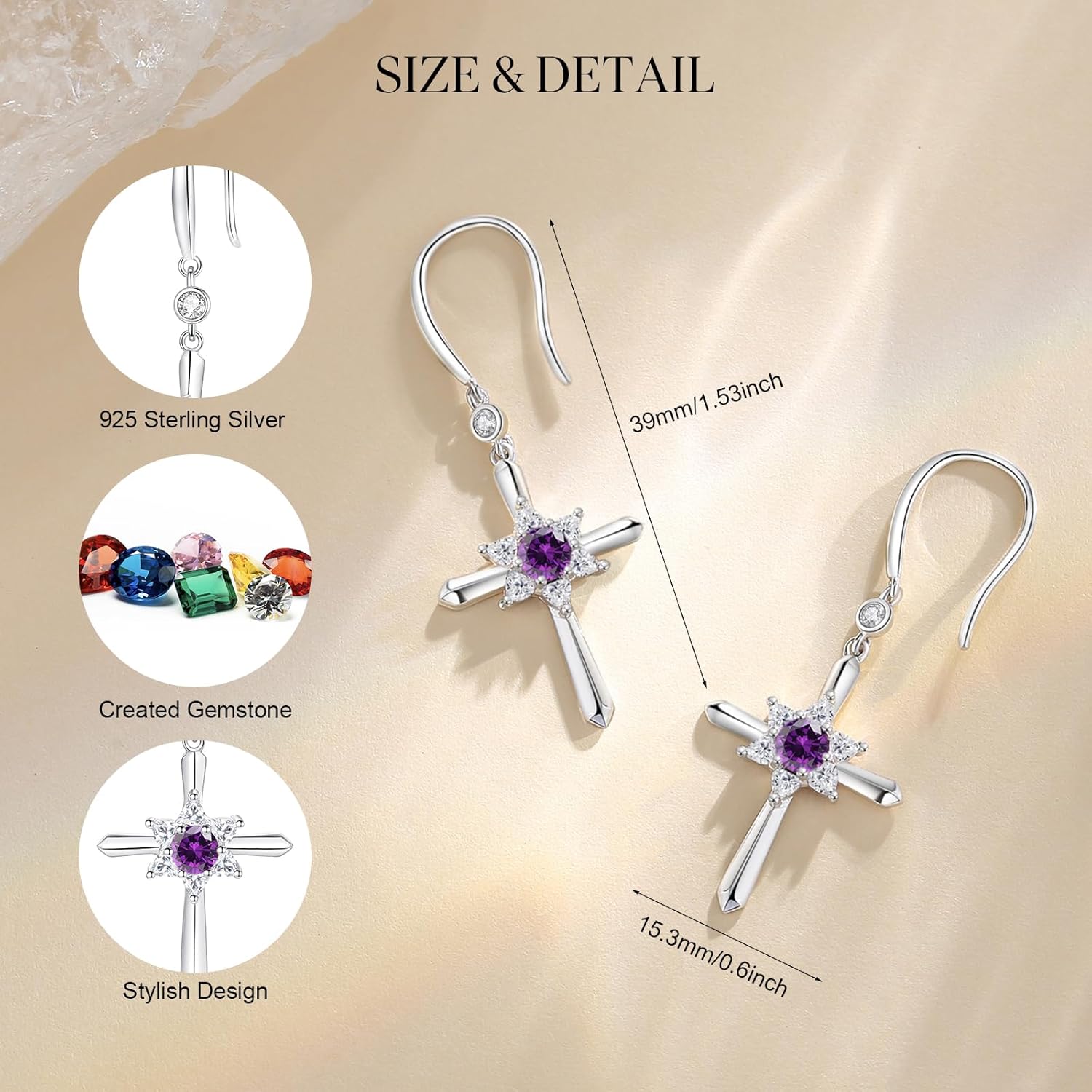 FANCIME Cross Dangle Drop Earrings 925 Sterling Silver Dainty Round Birthstone Earring Fine Jewelry Birthday Gifts for Her Women - Image 2
