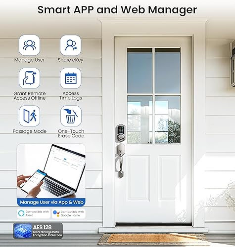 Miniatura 4 de Veise VE07-H Cerraduras inteligentes de huellas dactilares para puerta delantera con juego de manija, control de aplicación, cerrojo de teclado de