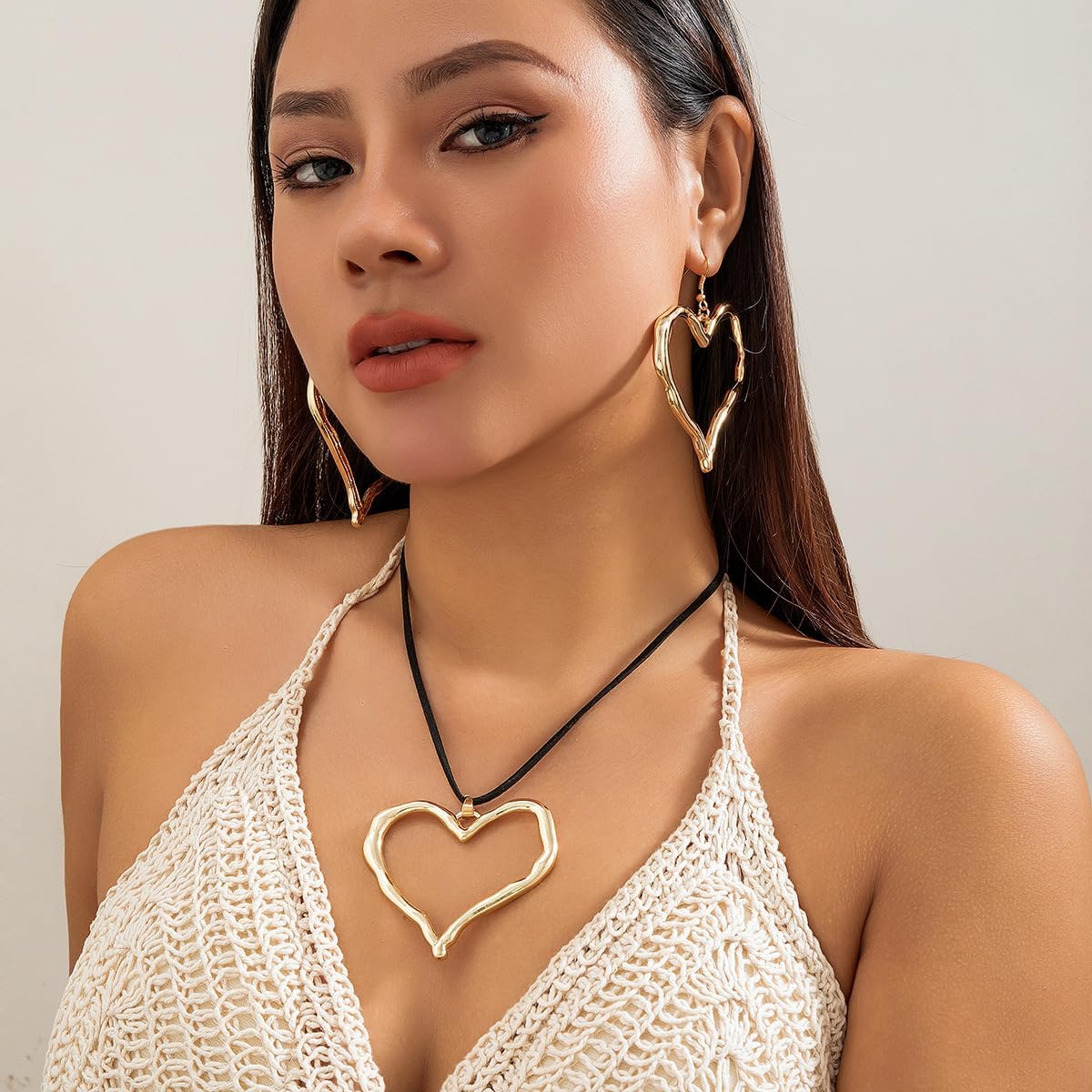 Gold/Sliver Large Hollow Heart Necklaces for Women Big Love Earrings Y2k Exaggerated Hollow Heart Pendant Necklace Earrings Set Statement Jewelry - Image 3