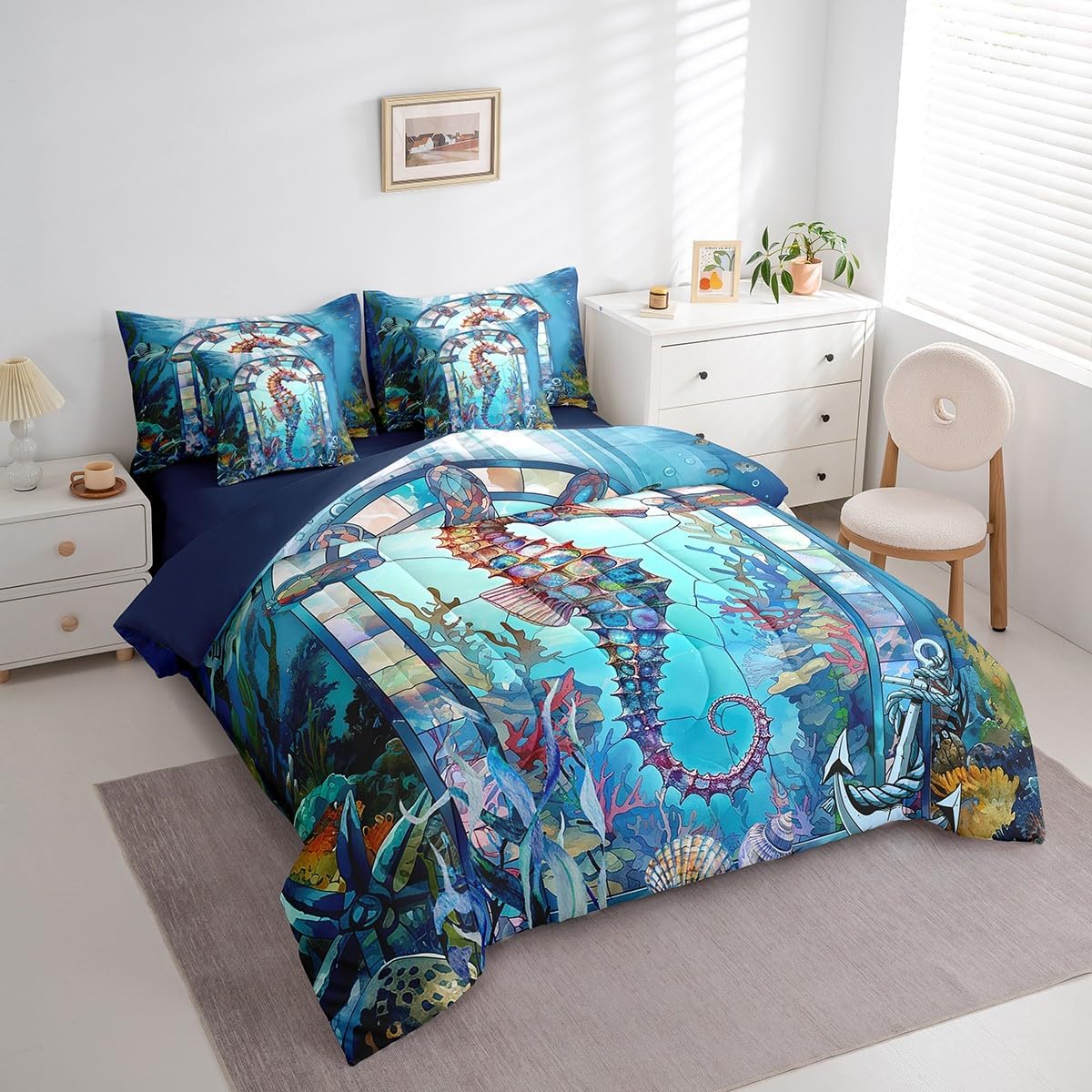 Feelyou Seahorse 7 Pieces Comforter Sets Boys Girls Queen Size Ocean Creature Themed Bedding Set for All Season Sea Underwater World Bed in a Bag with Comforter, Sheets, Pillowcases & Cushion Cover