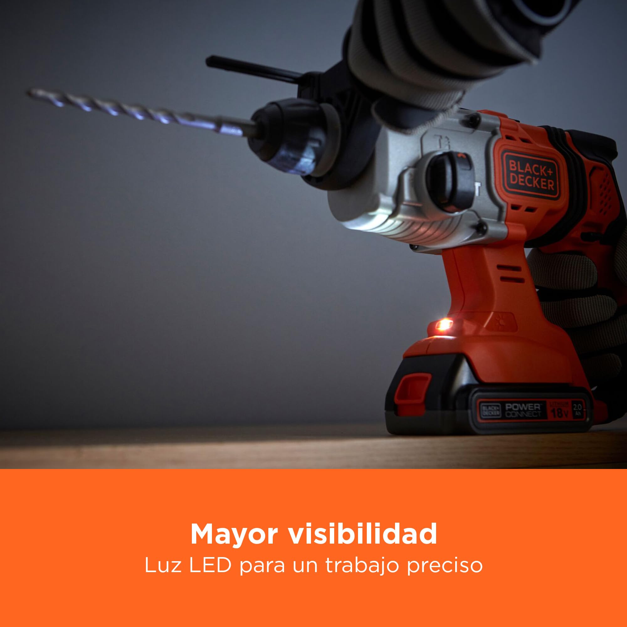 BLACK+DECKER Taladro percutor inalámbrico SDS-Plus 18V, batería 4,0Ah, cargador 2A, caja del kit, mango ajustable, luz LED, BCD900M1K-QW