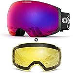 Odoland Magnetic Interchangeable Ski Goggles with 2 Lens, Large Spherical Frameless Snow Snowboard Goggles for Men Women, Black Frame Purple Lens