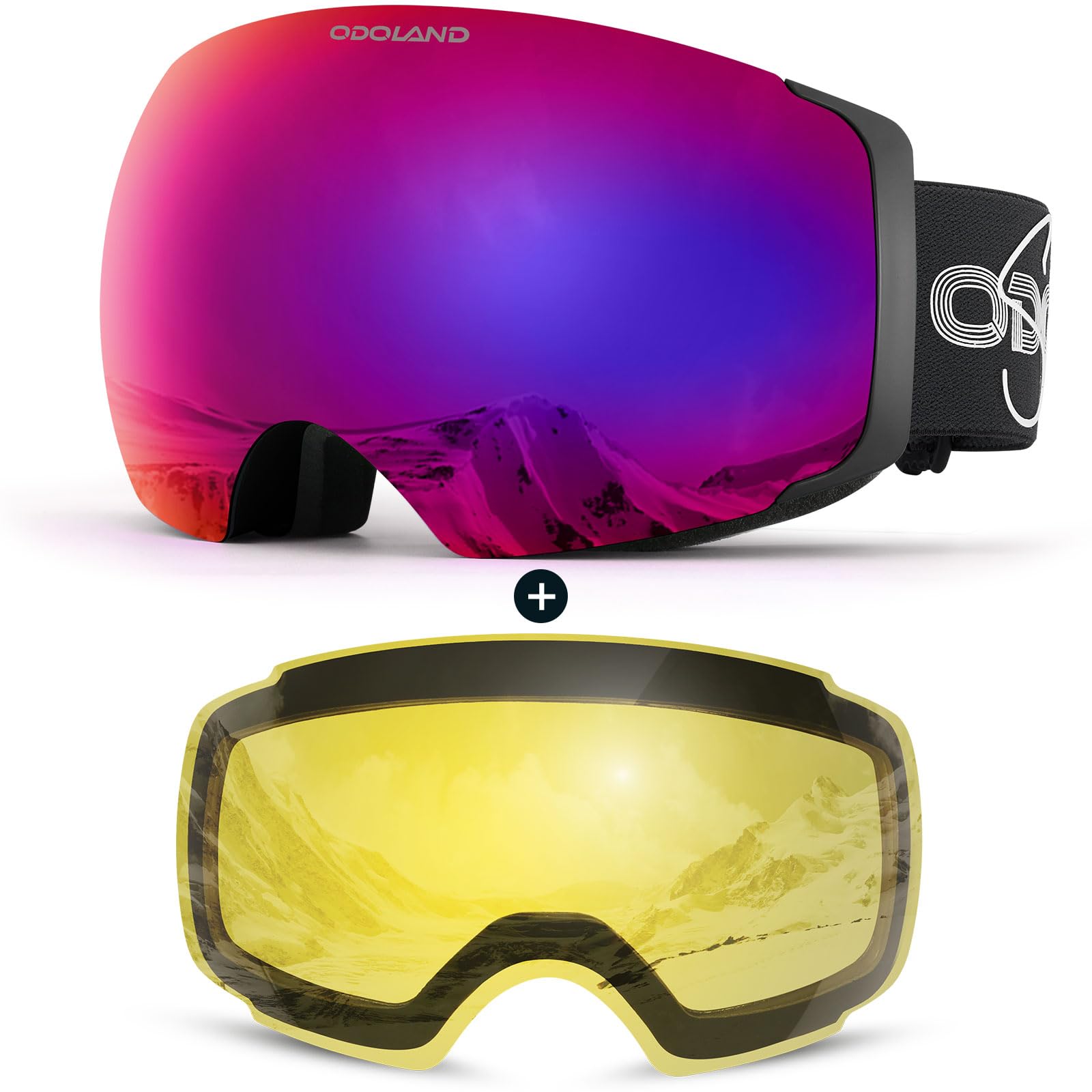 Odoland Gafas de Esquí Esféricas Grandes Sin Marco con Lentes Magnéticas Intercambiables, Máscara de Esquí para Adultos y Jóvenes, BA | Gafas de snowboard esféricas grandes sin marco para hombres y mujeres, marco negro, lente morada