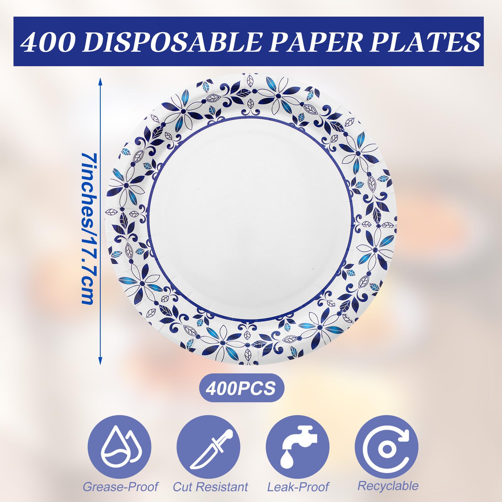 FillTouch Einweg-Pappteller für den täglichen Gebrauch, einweichfest, strapazierfähig, kleine Pappteller für Abendessen, Picknick, schnittfeste, blaue und weiße Pappteller für Feiertage, Partys,