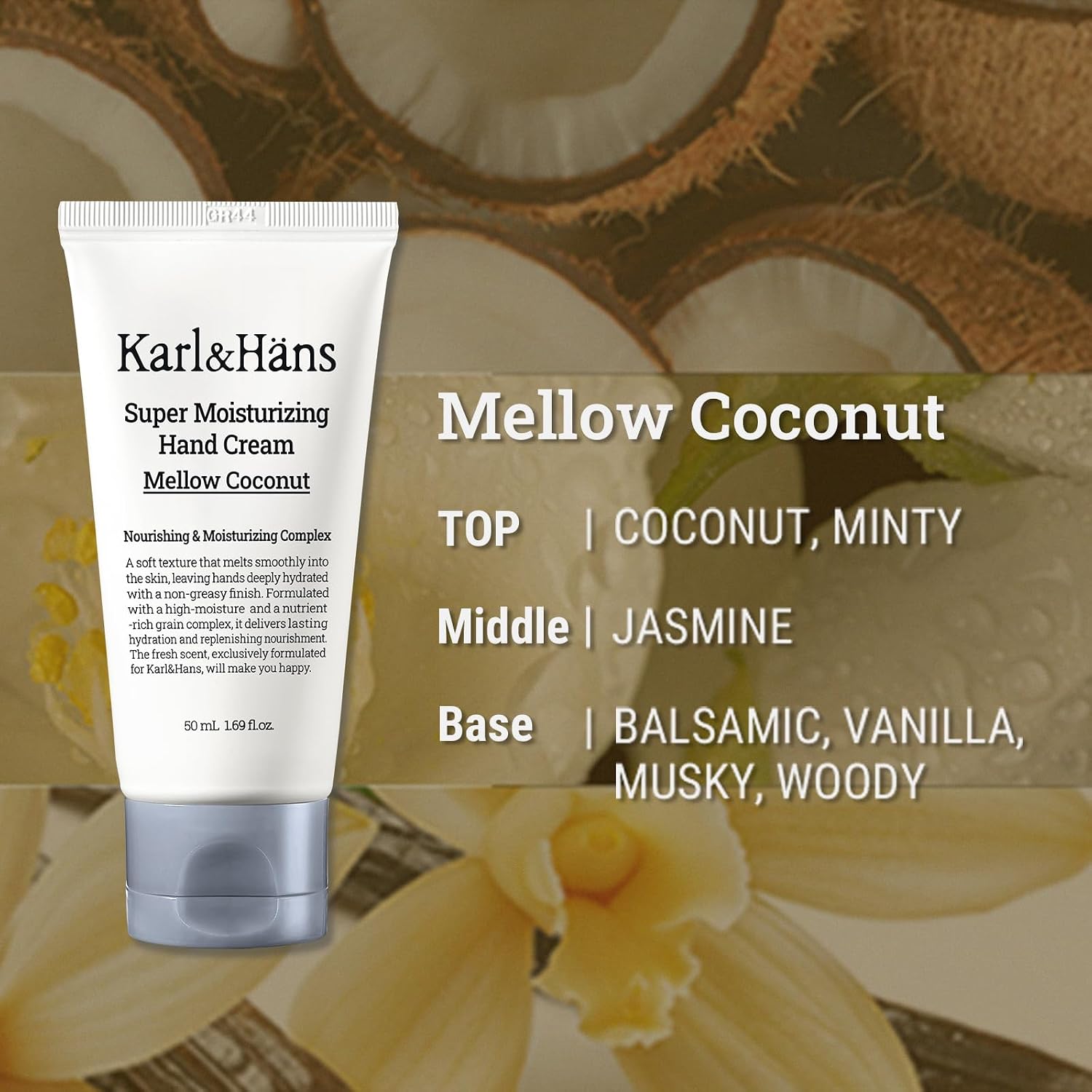 Karl&Hans Super Moisturizing Hand Cream for Dry Cracked Hands - K-Beauty Intensive Hydrating Lotion with Ceramide & Hyaluronic Acid, Fresh Mint & Mellow Coconut, 50ml (1.69 fl oz) (Mellow Coconut)