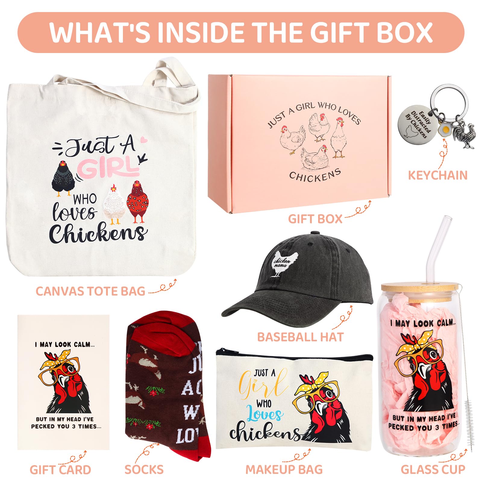 Bayelove Funny Chicken Gifts for Women Chicken Lovers Stuff Chicken Lovers Gifts for Women Include Chicken Glass Cup Canvas Tote Bag Makeup Bag Keychain Hat Socks Card for Birthday Christmas