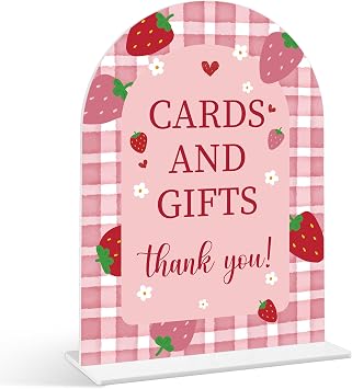 Cards and Gifts Sign - Strawberry Baby Shower Sign, 1 Pack Arch Acrylic Sign with Stand, Gender Reveal Party Table Decor, Berry Baby Shower Supplies SE23