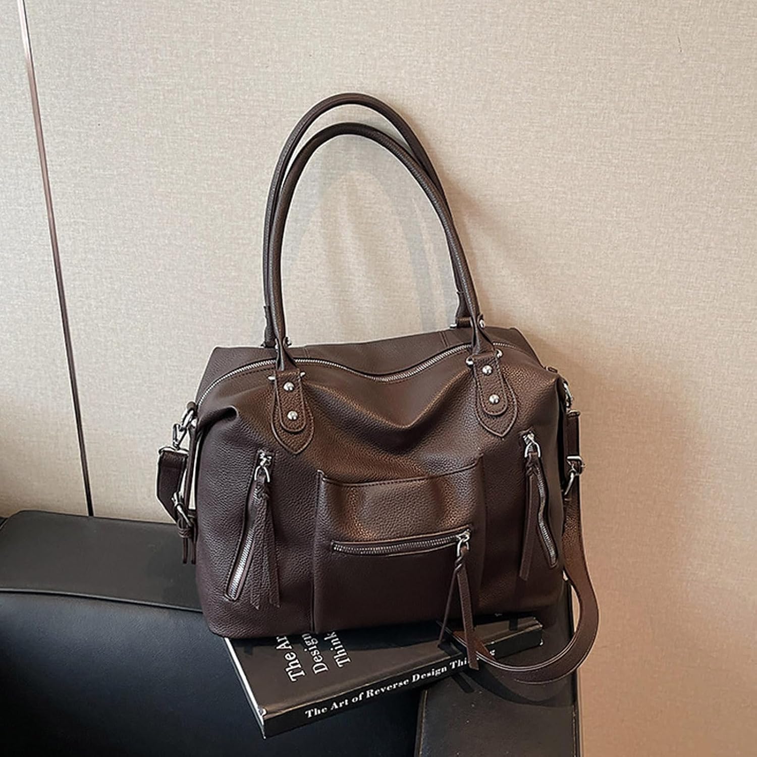 Amszke Vegan Leather Tote Bag for Women, Large Capacity Hobo Bags, Slouchy Shoulder Purse Crossbody Handbag