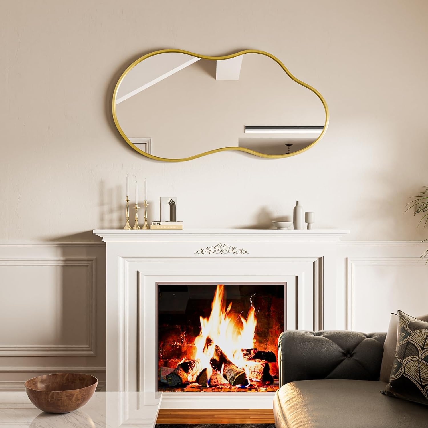 20”x 32” Gold Irregular Wall Mirror, Modern Bathroom Mirror, Aluminum Metal Framed, Wall Mirrors Decorative for Living Room Bedroom Entryway (Horizontal/Vertical)