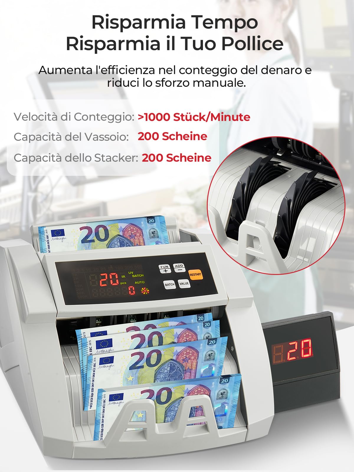FOHERE Macchina conta Banconote, Macchina conta Soldi Professionale con Rilevamento Falsi UV/MG/IR/DD, 1100 Banconote al Minuto, Display LCD, Modalità Valore e Lotto per Negozi, Banche e Ristoranti
