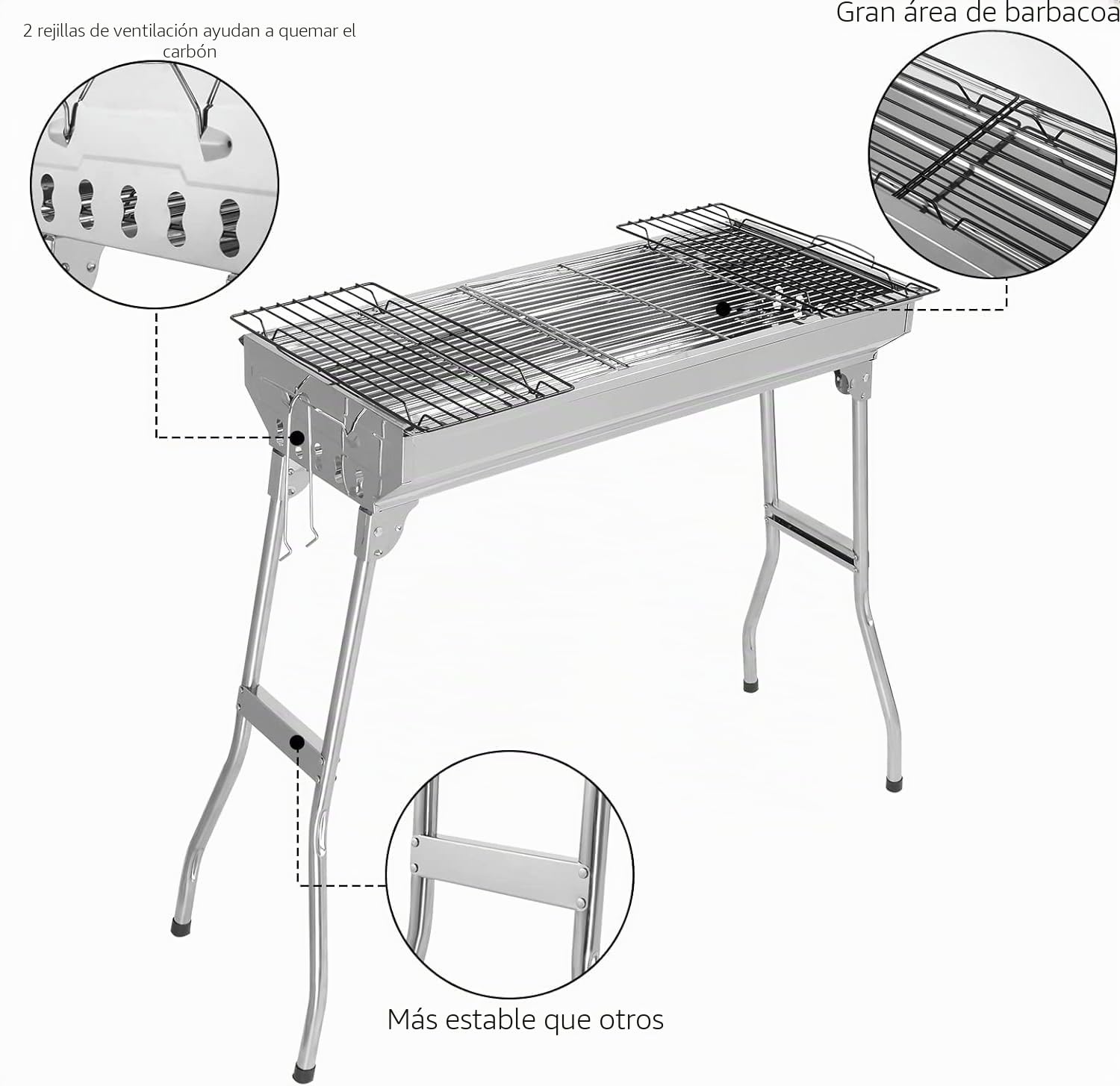 Leadzm - Barbacoa de carbón de leña, acero inoxidable, barbacoa plegable de camping, 70 x 31 x 71 cm, exterior, terraza, camping, barbacoa, uso de 5 a 10 personas (70 x 31 x 71 cm)