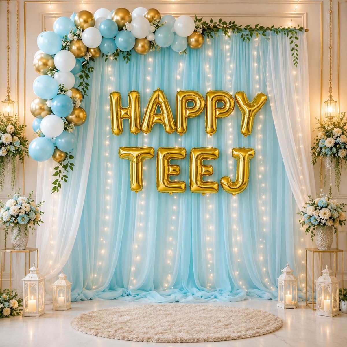 41 Pcs Happy Teej Decoration Kit with Gold Letter Foil, Blue, golden & White Balloons and backdrop (Blue)-image-2