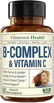 Vitamin B Complex with Vit C & Folic Acid (Folate) - 8 High Potency B Vitamins: B1, B2, B3, B5, B6, B7, Vitamin B12 + Biotin, Choline & Inositol. Aids Mood, Energy, Nervous System & Immune Support