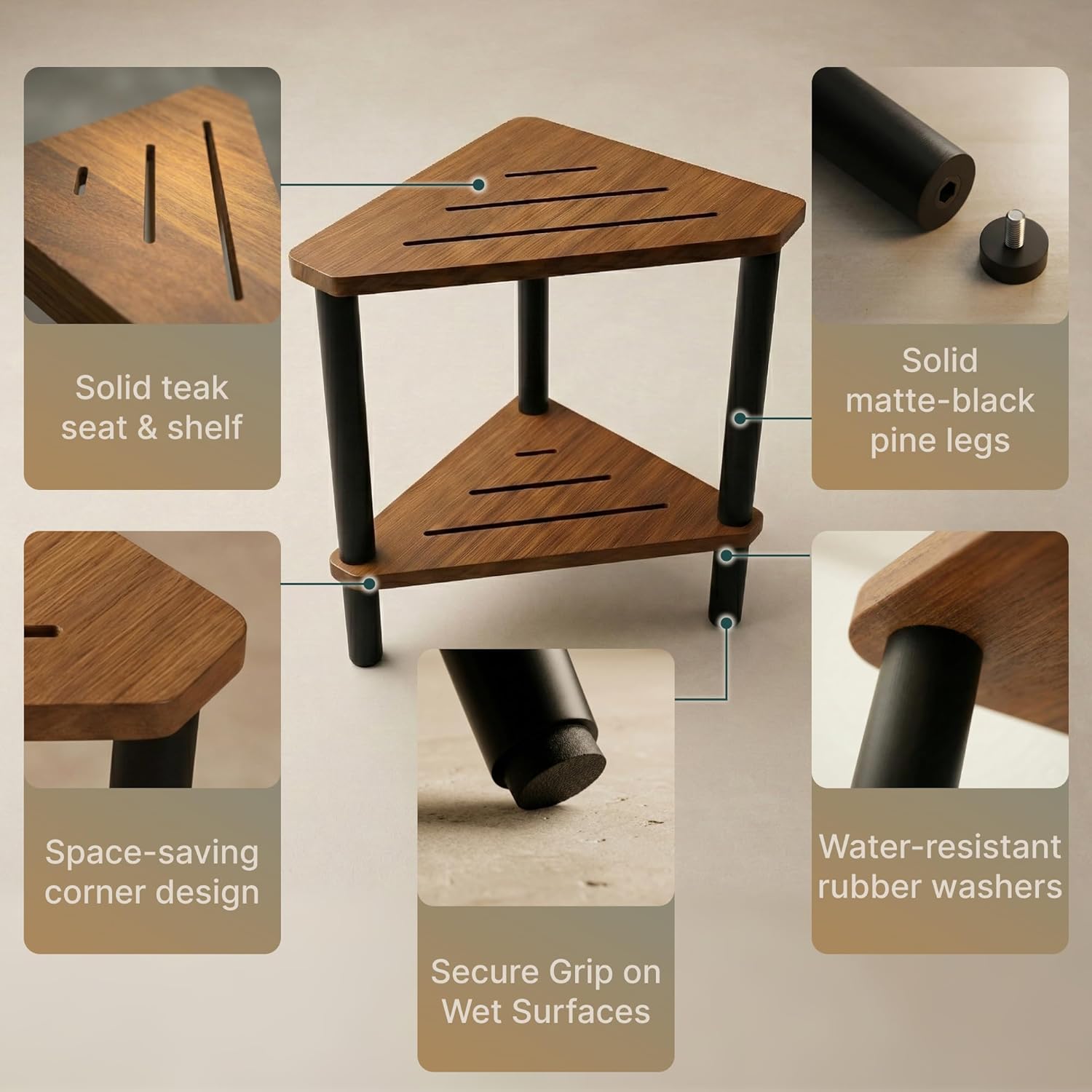 Corner Teak Shower Stool for Shaving Legs with Black Pine Wood Legs – Small Teak Shower Seat for Inside Shower, Corner Seat, Bath Stool with Pumice Stone & Gua Sha, Multi-Use Side Table, Corner Shelf