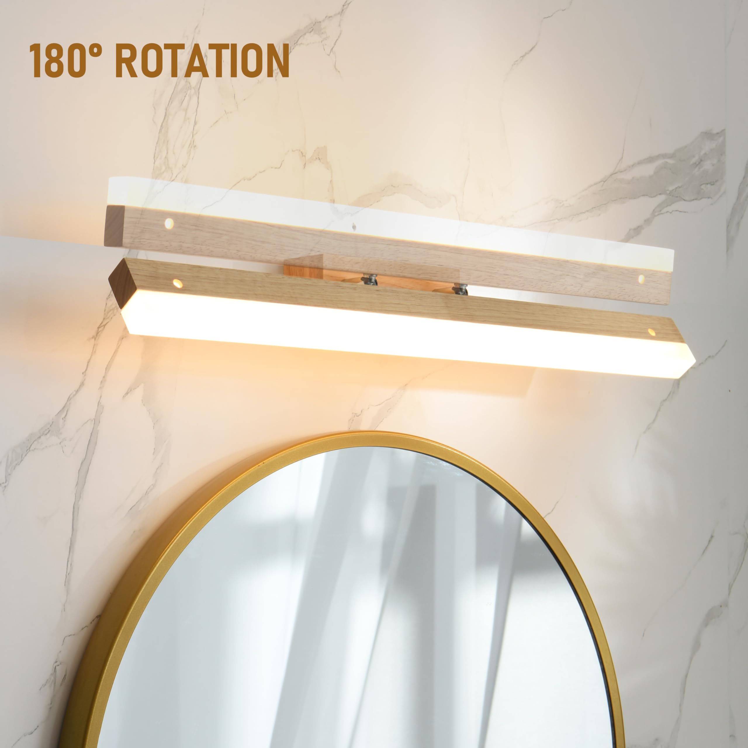 Aplique espejo baño 60cm 9W 720LM, luz espejo baño led Rotación de 180° Luz blanca cálida de 3000 K IP44 Impermeable, lampara espejo baño Aplique pared interior Madera (luz espejo baño)