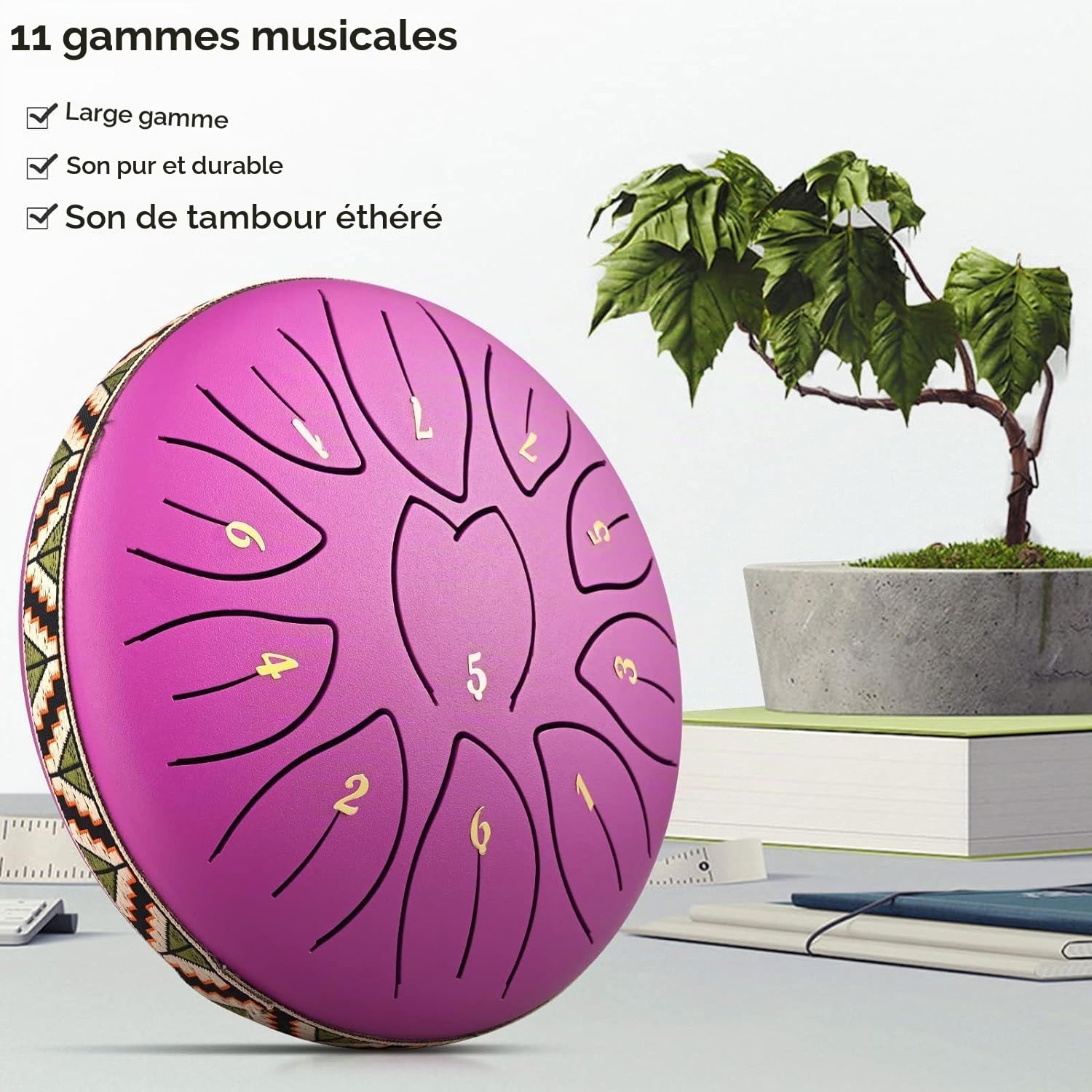 Tambour de Langue en Acier 6 Pouces 11 Tons Steel Tongue Drum Handpan Instrument Percussion avec Pilons, Sac de Rangement, Médiators, Livre de Musique pour Méditation, Yoga