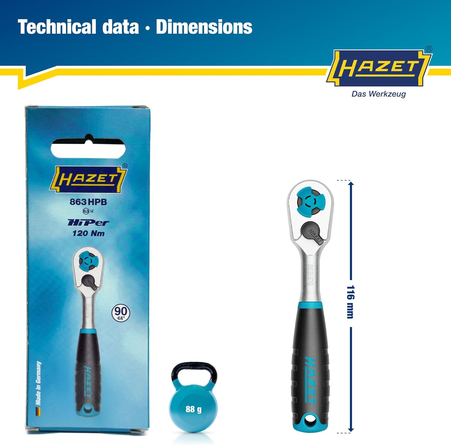 HAZET Hiper Fine-Tooth Reversible Ratchet 863HPB For Bits I Output: Hexagon 6.3 Mm 1/4 Inch, Small Operating Angle (4 Degrees), Extremely Resilient I For Use in the Tightest of Spaces