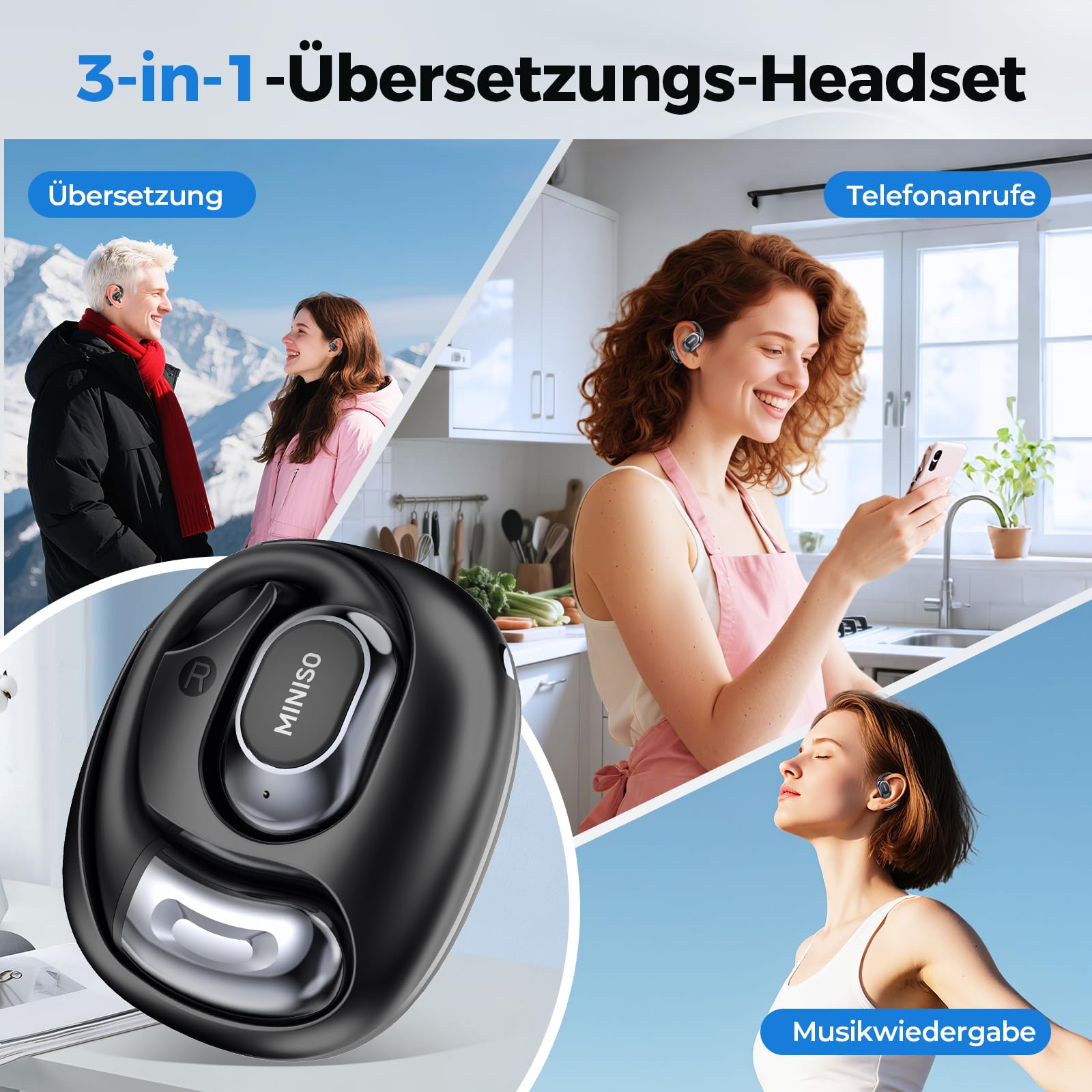 MINISO MS156 AI Kopfhörer Übersetzer, 3-in-1 Echtzeit Übersetzungskopfhörer, 134 Sprachen Ohrhörer