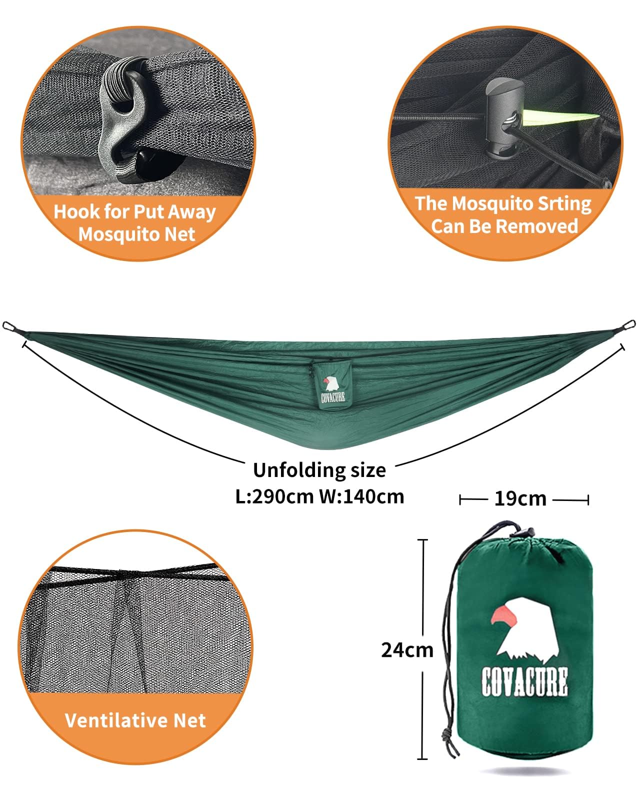 COVACURE Hängematte Outdoor Hängematte mit Moskitonetz - 350kg Belastbarkeit für 2 Personen 290 x 140 cm Ultraleicht Hammock Reise Gadgets für Camping Garten Survival Wander (Grün)