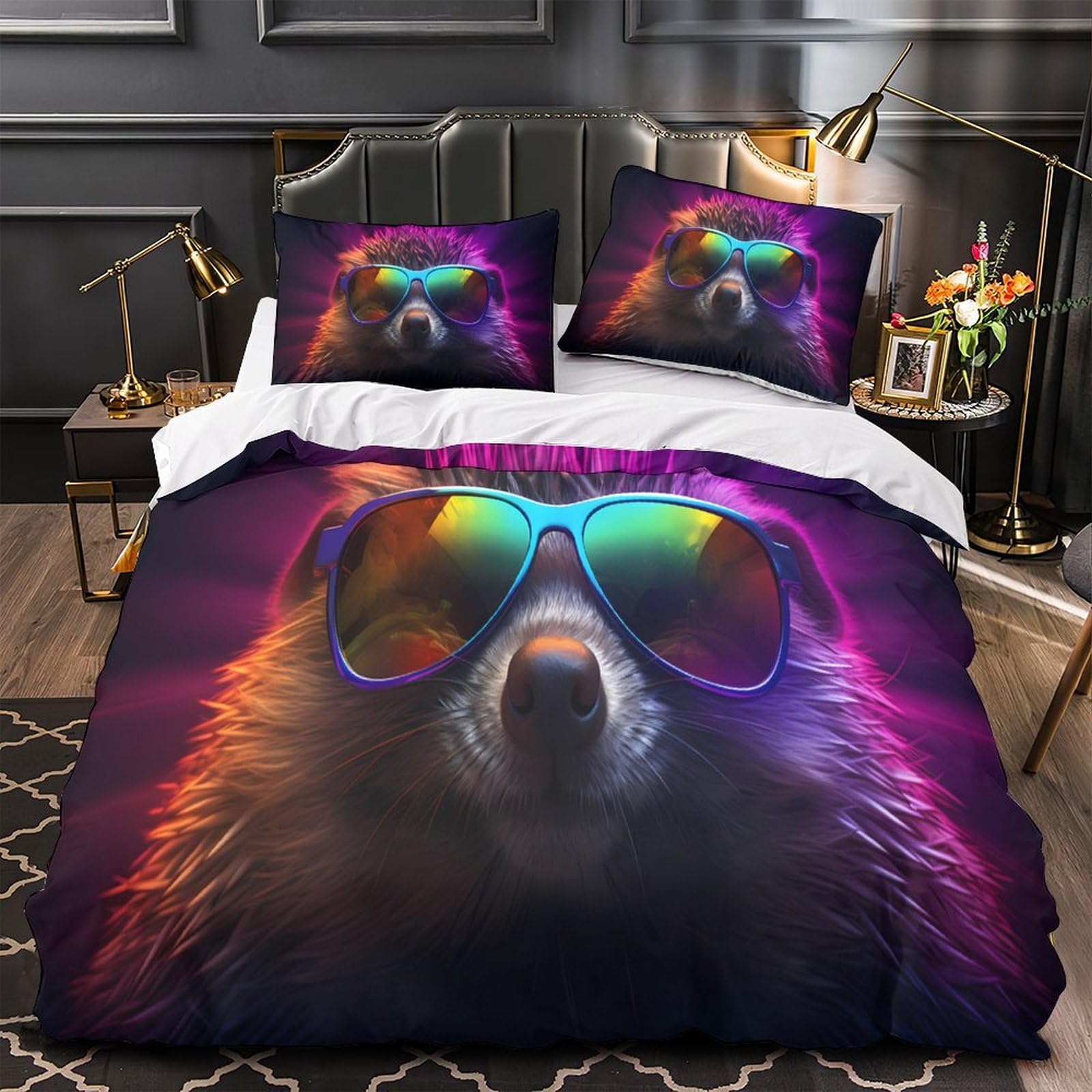 MMDASBVPE Cool Hedgehog Quilt Cover 3D Print Extra Soft 3 Pieces Bed Set Hidden Zipper Neon Duvet Cover Luxury All Season for Adults Kids Teens Women Youth Teenagers Single（135x200cm）