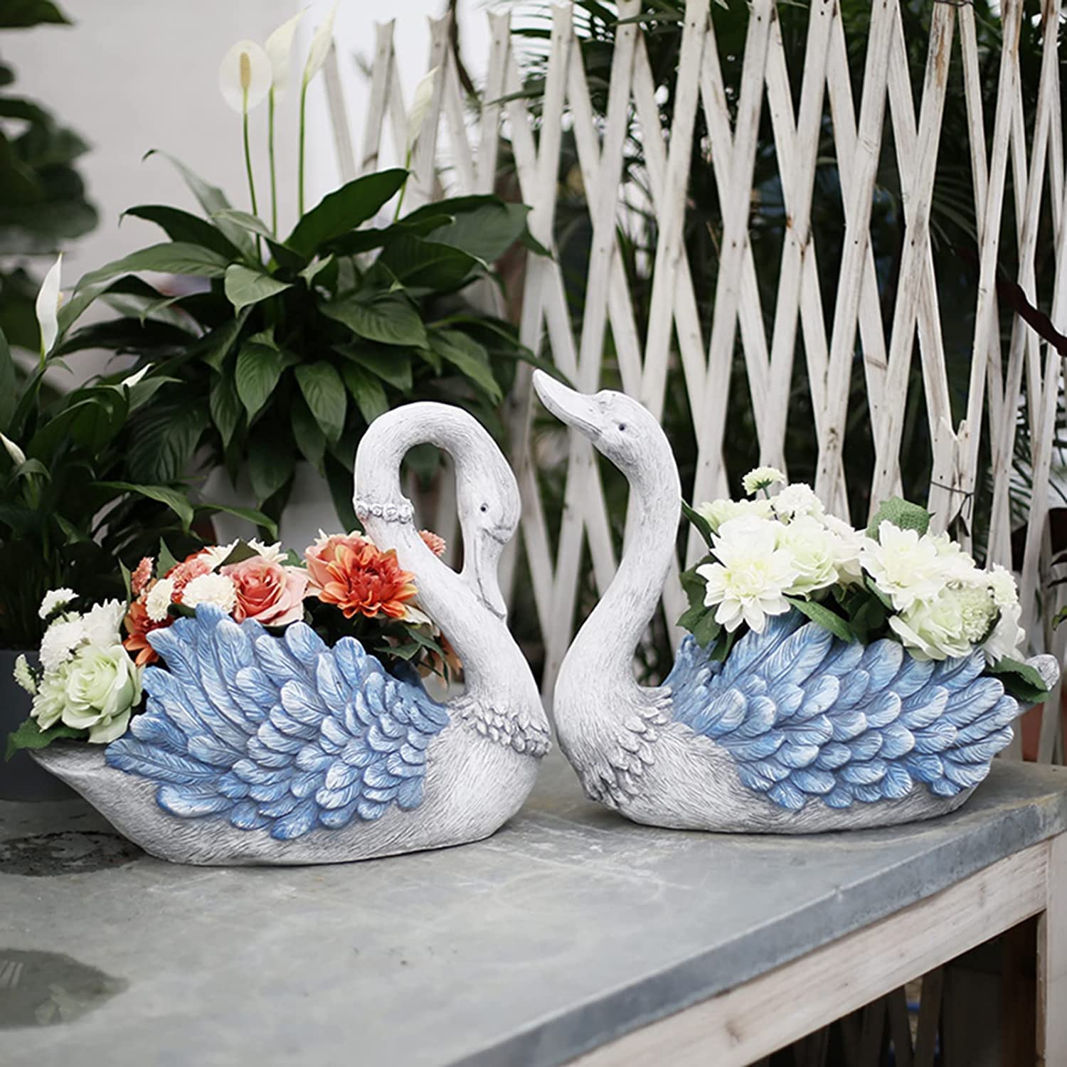 SWENEEN Garden Ornaments Decor Statue Outdoor,Outdoor Garden Sculpture Outdoor Flowerpot Flower Pot Swan Plant Pots Succulent Planters Holder Home Ornaments Office Desk Decoratio,Blue 3-S