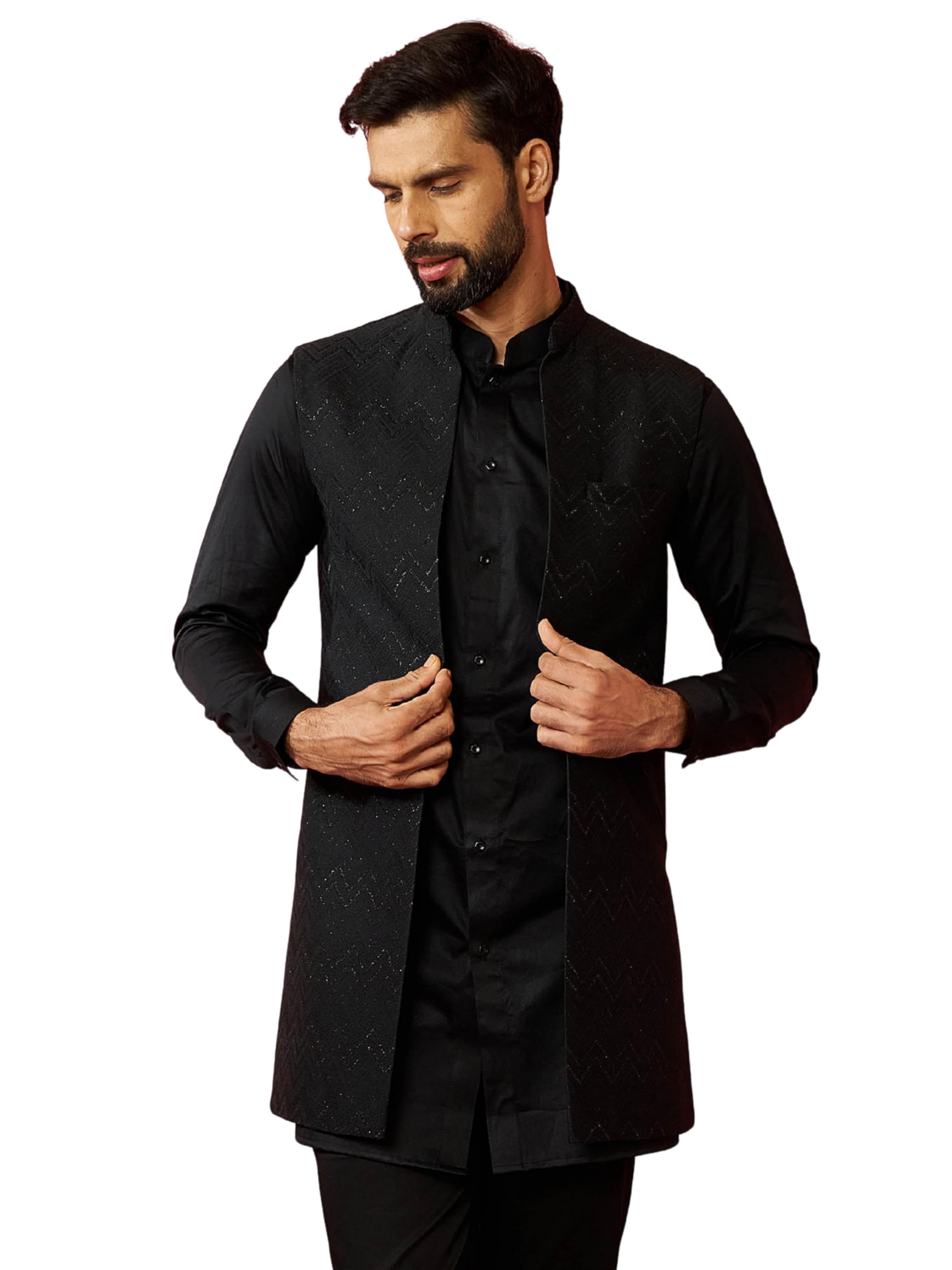 vastramay Men's Black Maharaja Jacquard Nehru Jacket - Wedding Party Ethnic Wear-picture-40