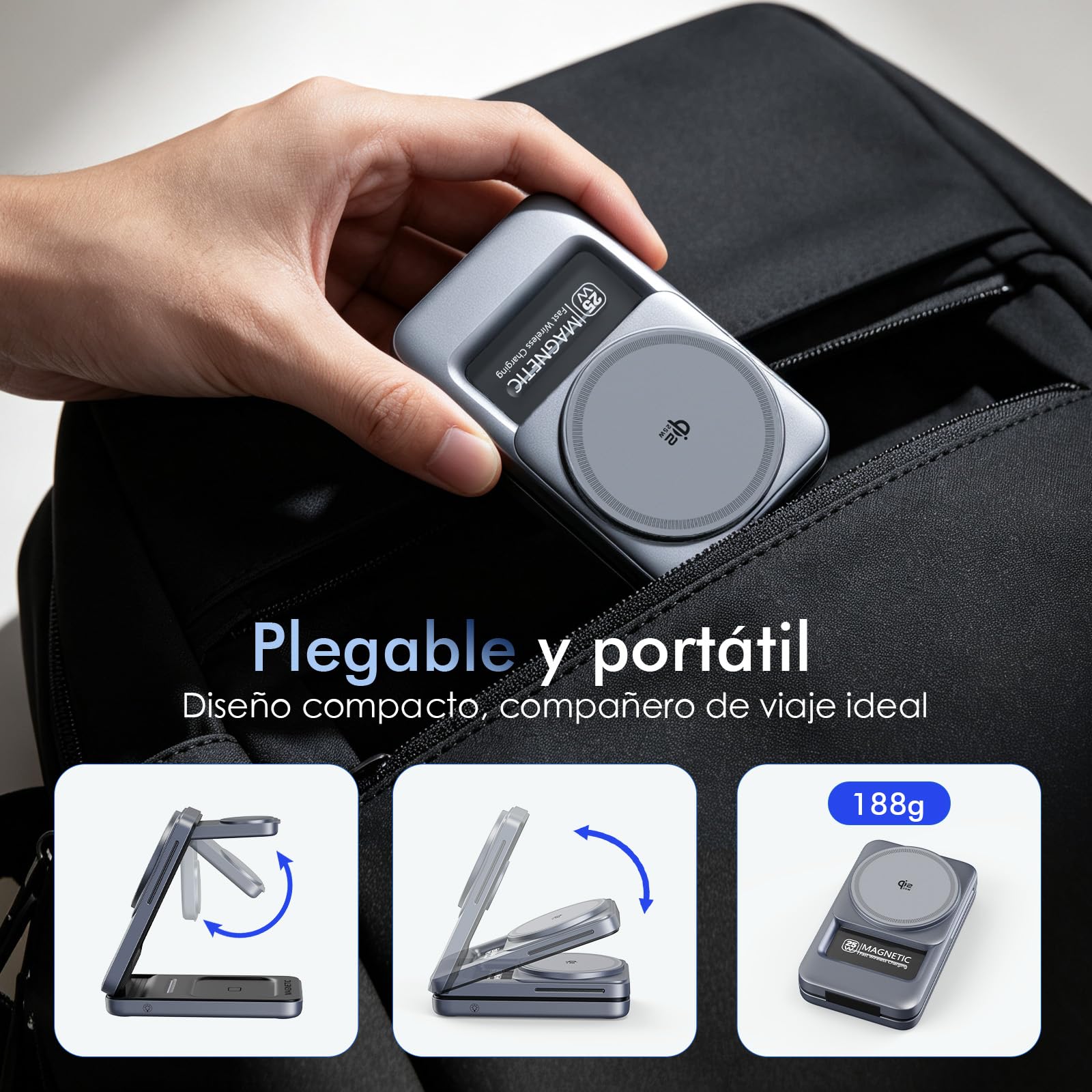 Cargador Inalámbrico Qi2.2 25W, 3 en 1 Estacion de Carga Plegable para apple17 16 15 14 13 12/Pixel 10 Galaxy S26 etc, para Auriculares, para Apple Reloj con Adaptador de 45W