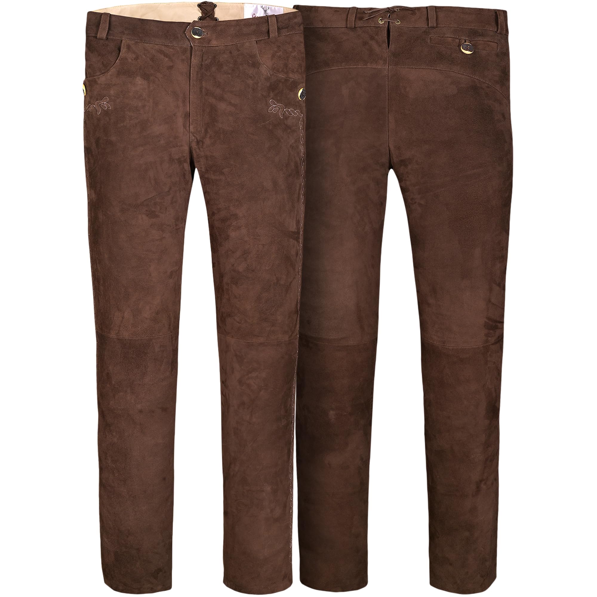 German Wear Trachten Lederhosen lang Herren aus echtem Ziegenleder – Braun mit Zopfstickerei & Gürtelschlaufen – Original weiche Trachtenhosen aus Wildleder für Volksfest & Alltag Braun