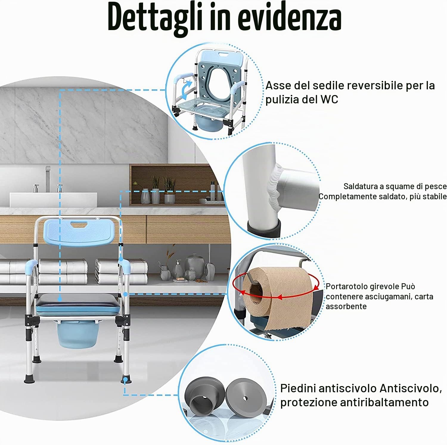 Froadp Sedia Comoda wc per anziani, Pieghevole Sgabello Doccia, Regolabile in altezza con braccioli, schienale e secchio per WC