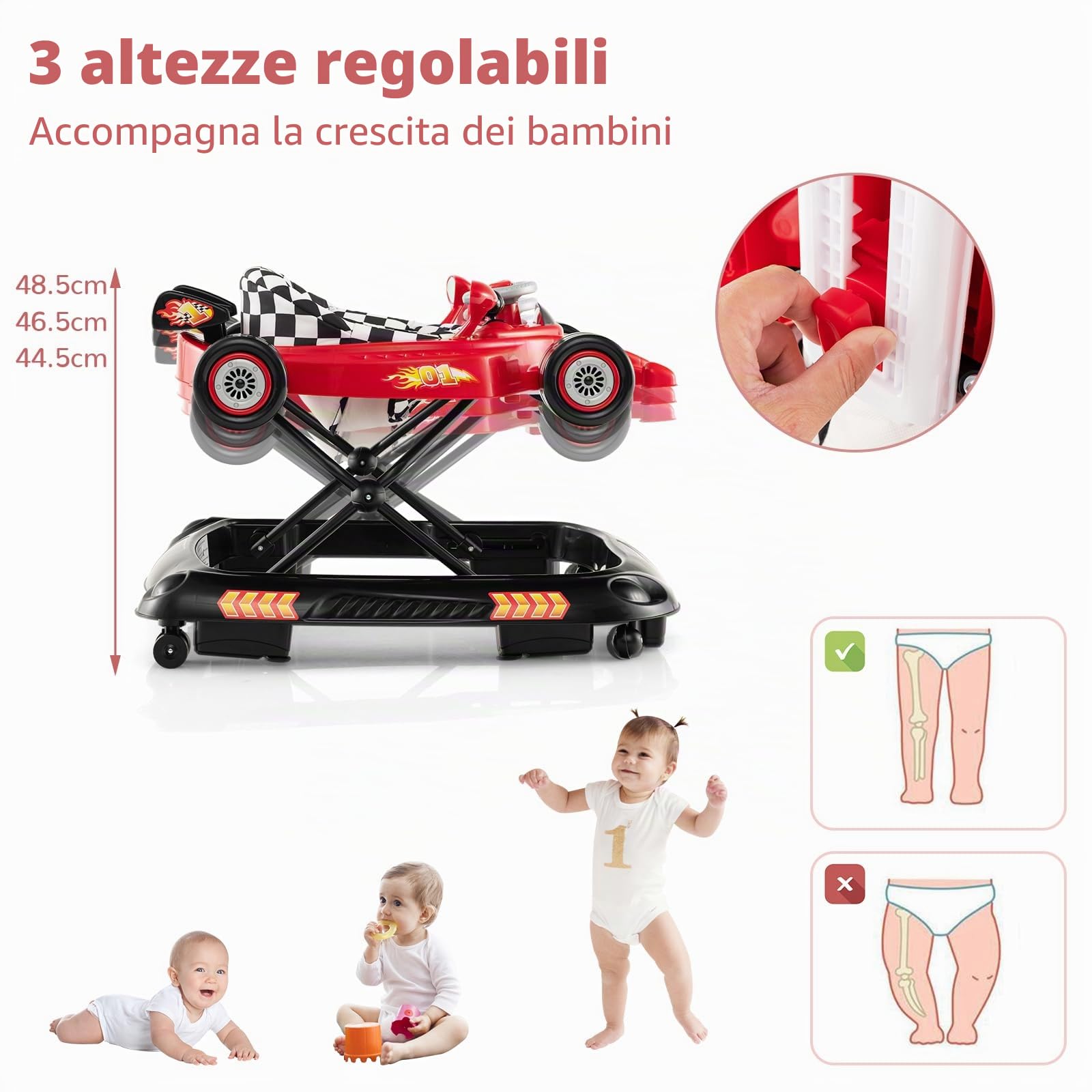 LIFEZEAL 4 in 1 Girello Neonato, Girello per Bambini Pieghevole, con 3 Altezze Regolabili, Giocattolo Rimovibile, Sedile Confortevole e Ruote, Portata 12 kg,Primi Passi per 6-14 Mesi