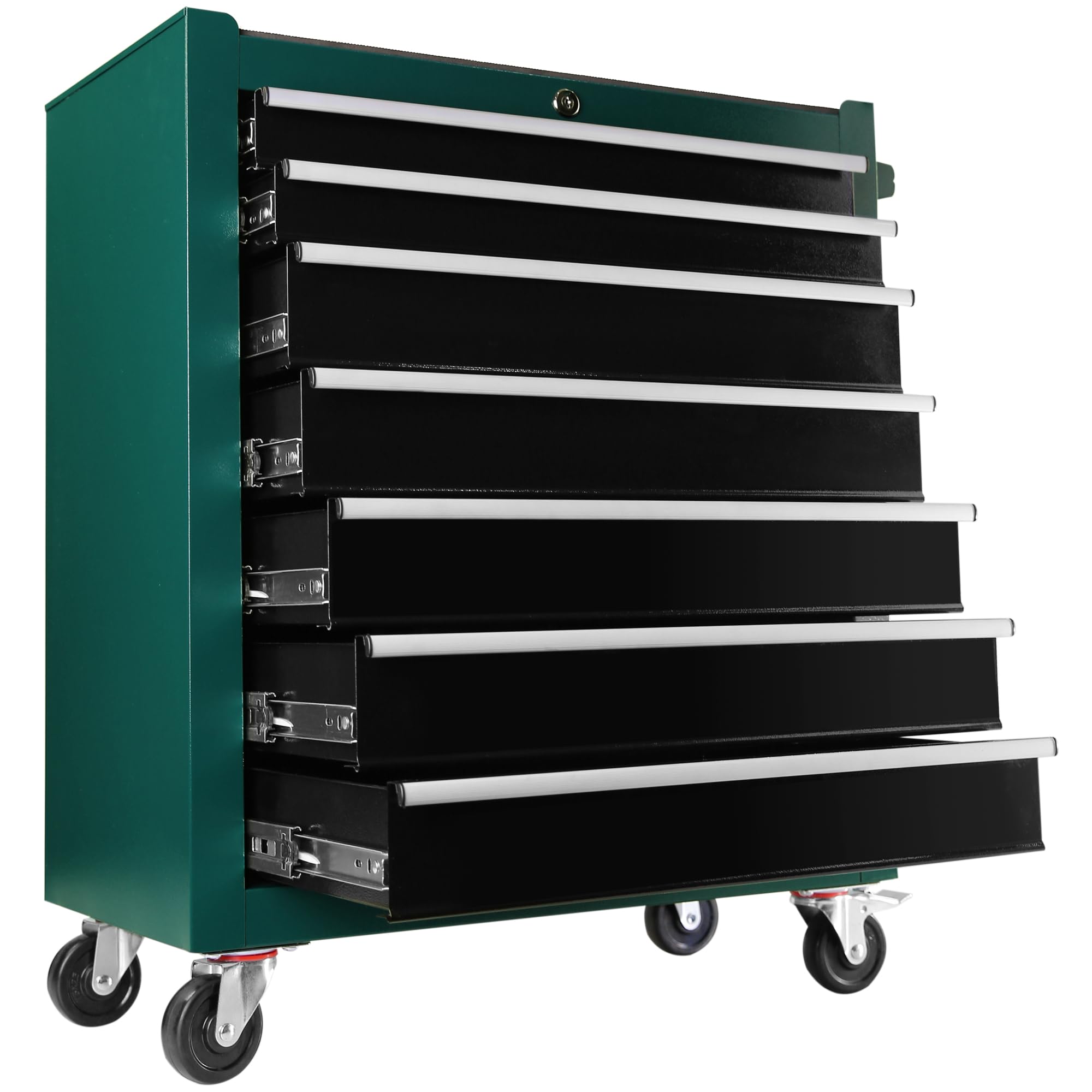 7-Drawer Rolling Tool Chest With Wheels - Green Steel Organizer, 29.5"H, Locking Drawers, Brake Casters For Garage