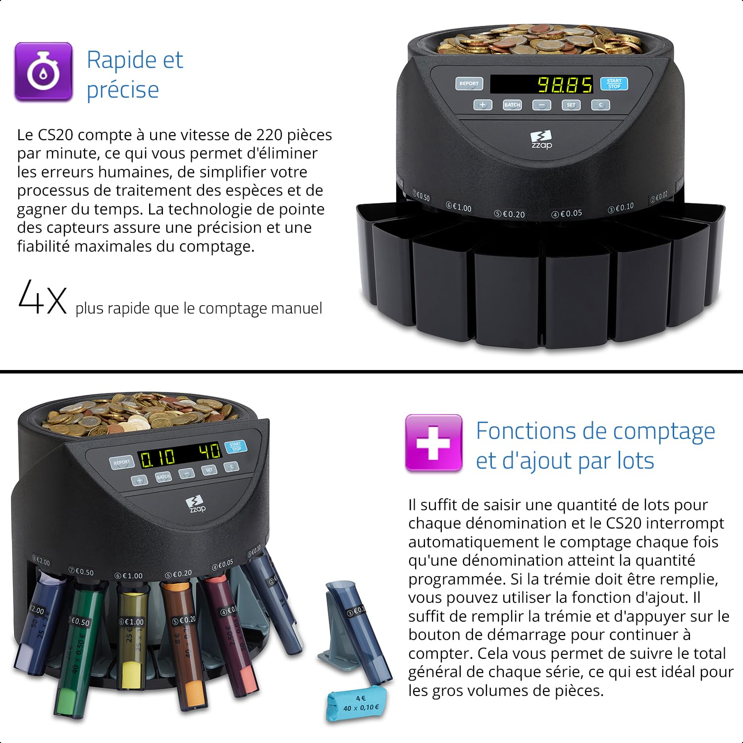 ZZap CS20 - Compteuse et Trieuse Automatique de Pièces EURO Machine de Comptage de Monnaie. Compteuse de Pièces avec Tubes de Tri