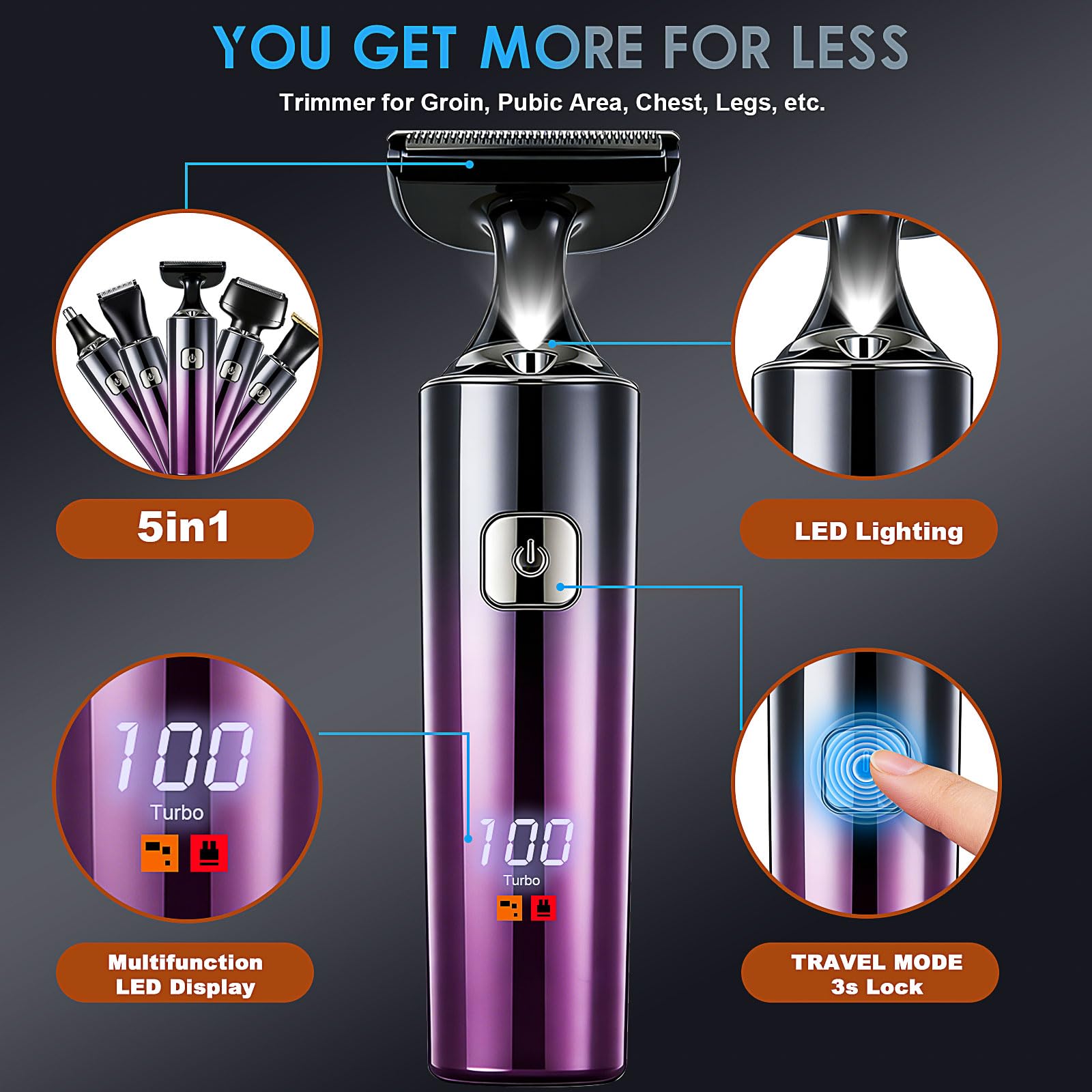 5-in-1 Men’s Back Shaver, Rechargeable Body Trimmer with Long Handle