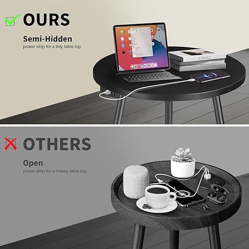 Miniatura 6 de Mesa auxiliar con estación de carga, mesa auxiliar redonda con puerto USB y tomacorriente, patas de metal de altura ajustable, mesa pequeña para