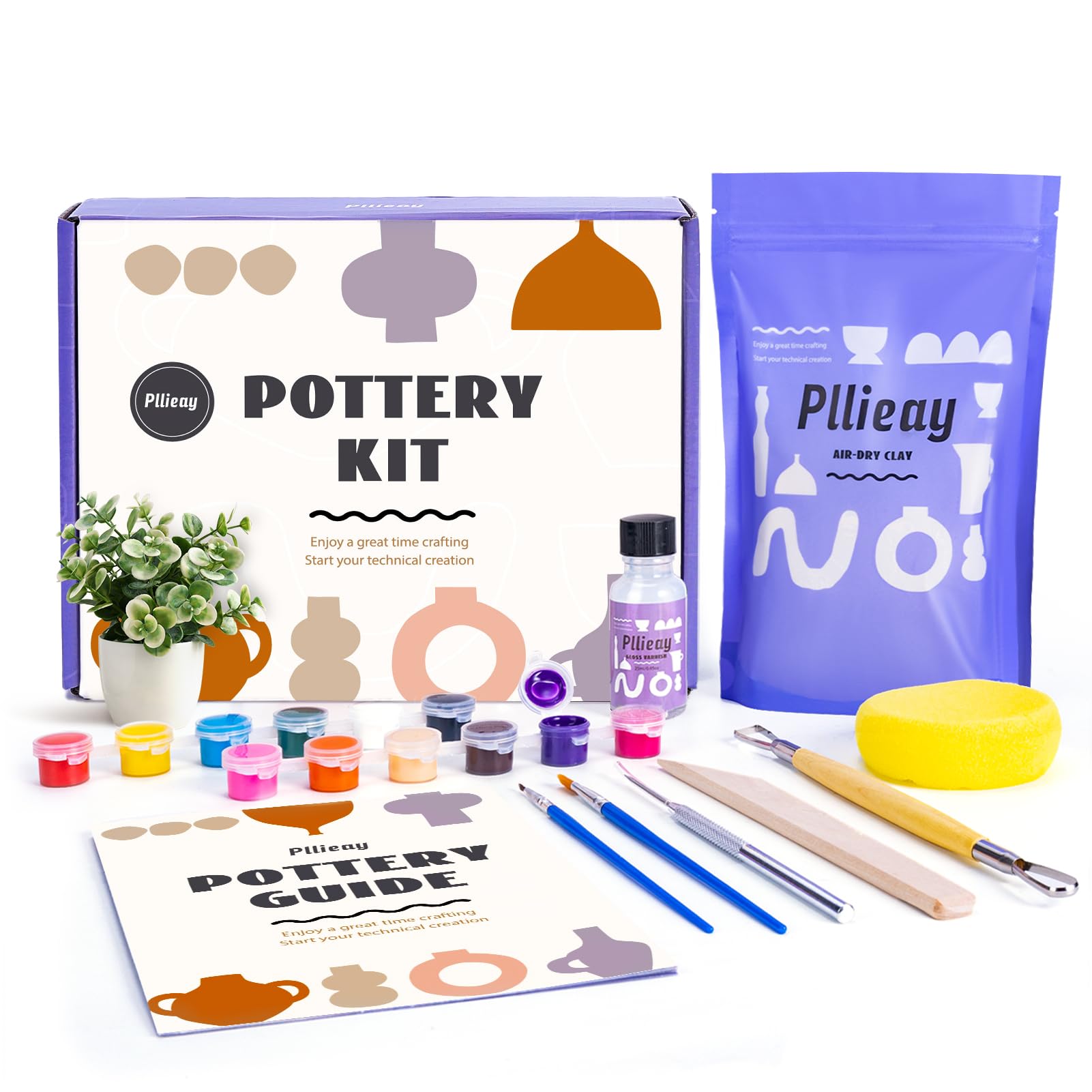 Pllieay Home Pottery Kit for Beginners Air Dry Clay Kit for Adults Pottery Painting Kit with Tools Vanish and Instruction Clay Kits for Adults DIY Clay Play Set Valentine's Day Gift