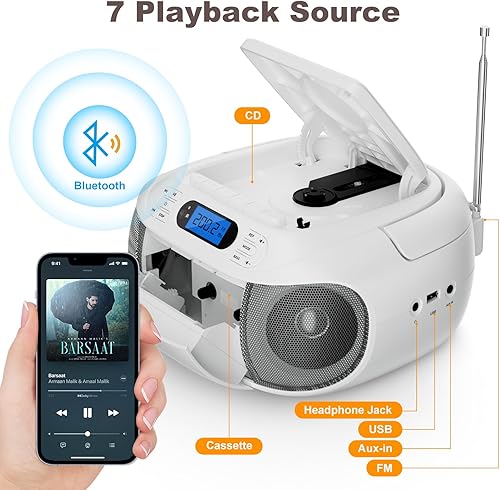 Miniatura 6 de Combo de reproductor de cassette de CD, recargable con Bluetooth 5.1, reproductor de CD con control remoto, grabación de cinta, radio FM, súper